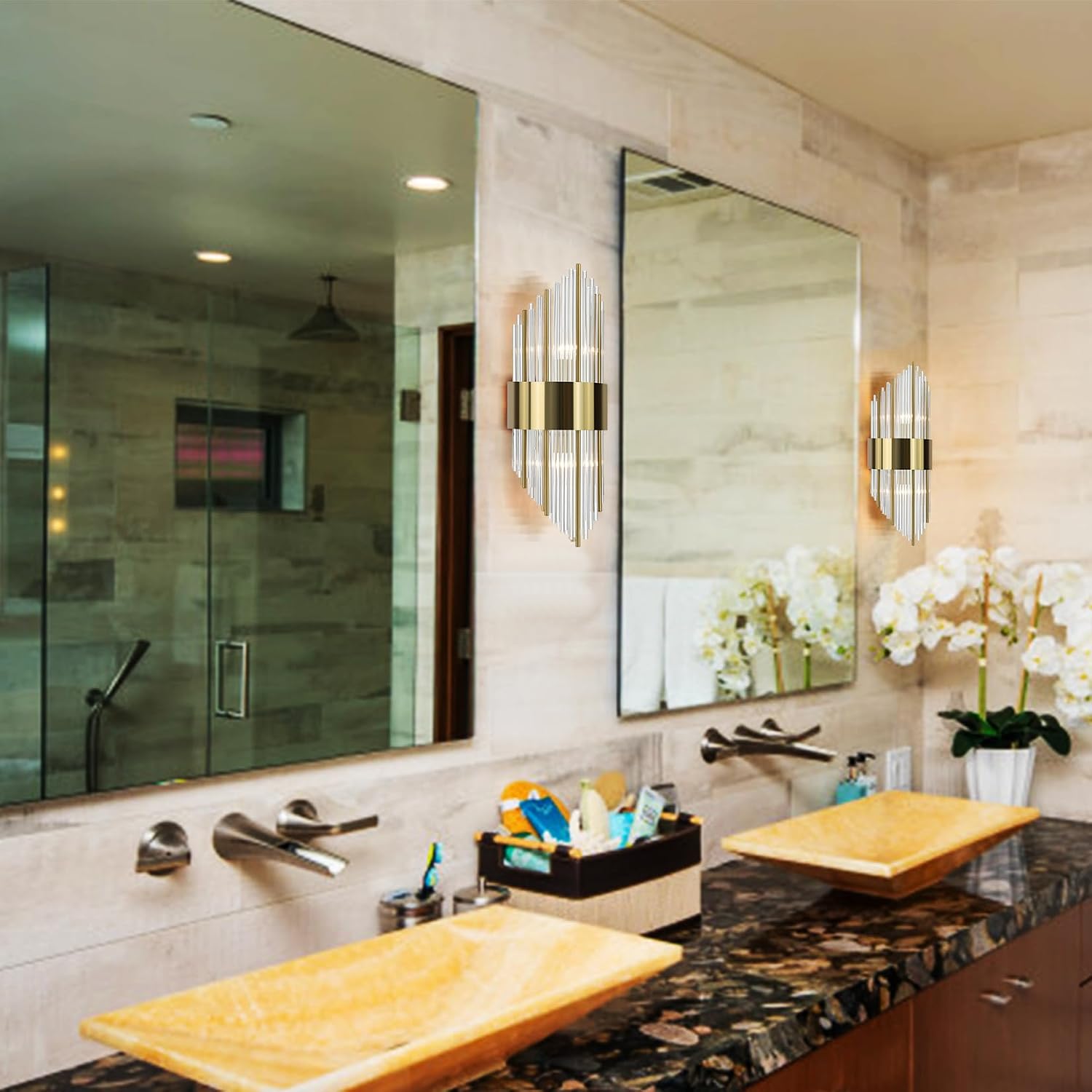 Modern Gold Wall Sconces Set of Two Crystal Sconces Wall Lighting 2-Light Brass Glass Wall Light Fixtures for Bedroom Living Room Bathroom Vanity Mirror Light Fixtures