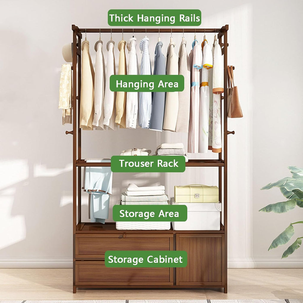 Bamboo Garment Rack, Clothes Hanging Rack with Side Hooks and 3 spacious drawers Portable Storage Organizer Garment Rack for Bedroom Living Room Office Mudroom