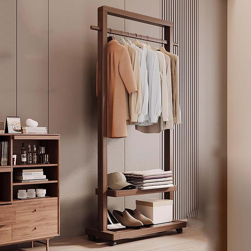 Clothes Rack, Bamboo Floor-standing Bedroom Coat Rack,Rack Heavy Duty Garment Racks For Hanging Clothes,Shoe Clothing Storage Organizer Shelves, 63 in Height(Brown with wheels,105CM/41.3IN)