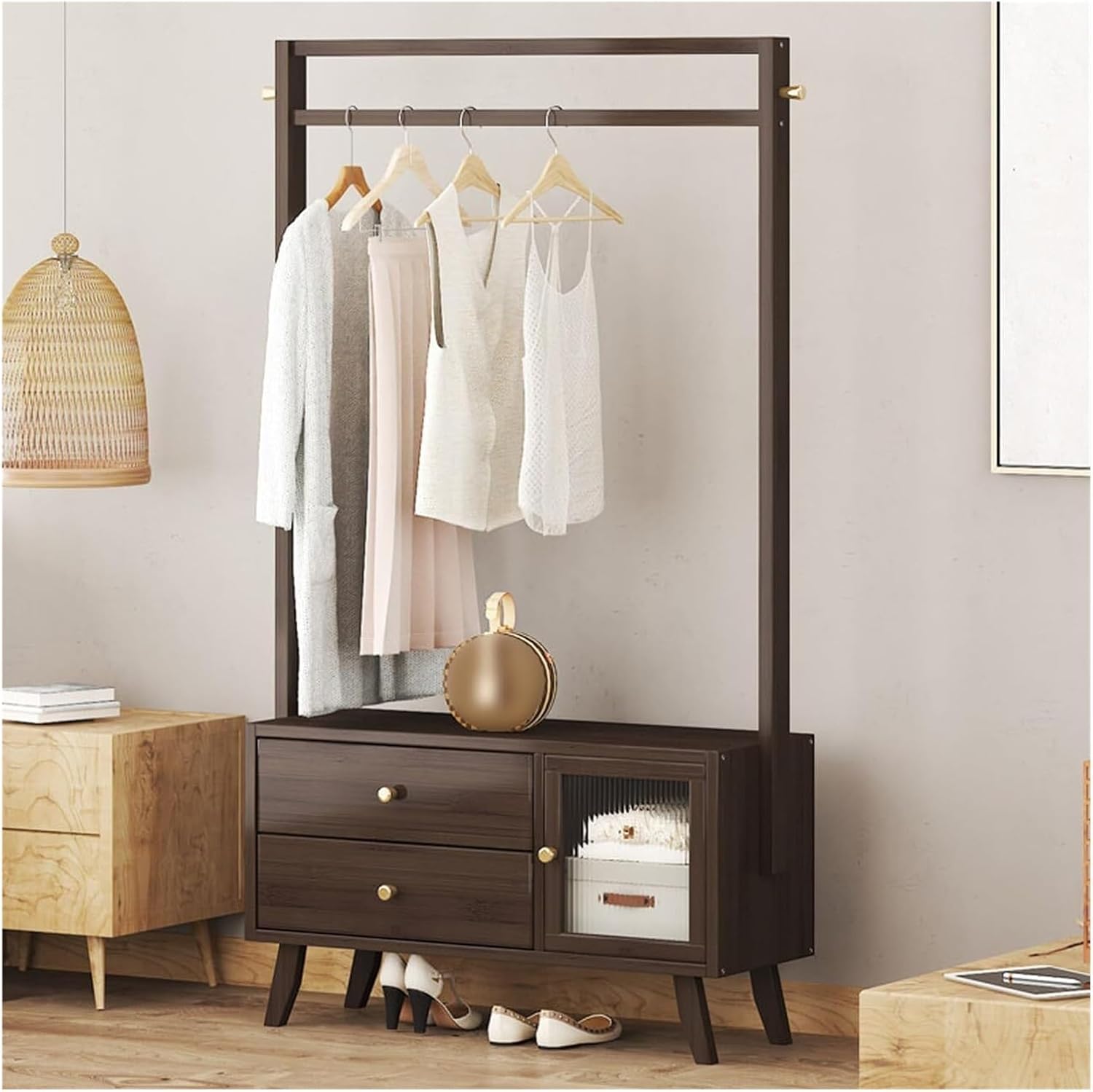 Multi-Functional Bamboo Hanging Rack with 2-Tier Drawers and Acrylic Door - Heavy Duty Clothes Organizer for Home Entryway, Bedroom, and Living Room(87cm)