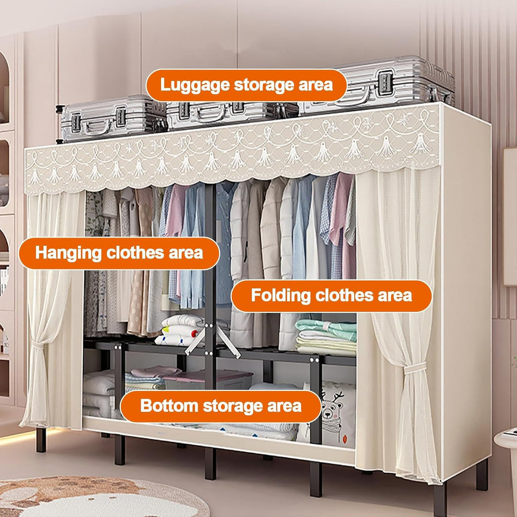 Foldable Closet Wardrobe, Heavy Duty Portable Metal Clothing Rack With Cover, Closet Organizer, Freestanding Armoire Storage Garment Racks For Hanging Clothes(A,150cm/59.1in)