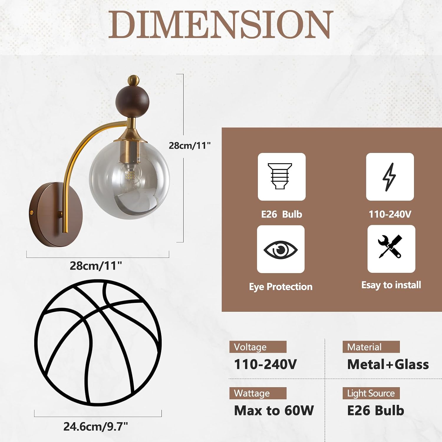BOKT Modern Glass Globe Wall Sconce with 5.9' Smoke Grey Round Lampshade Small Wall Sconces Set of Two Farmhouse Wall Mounted Sconce Light Vintage Wooden Wall Lights for Bedroom Bathroom