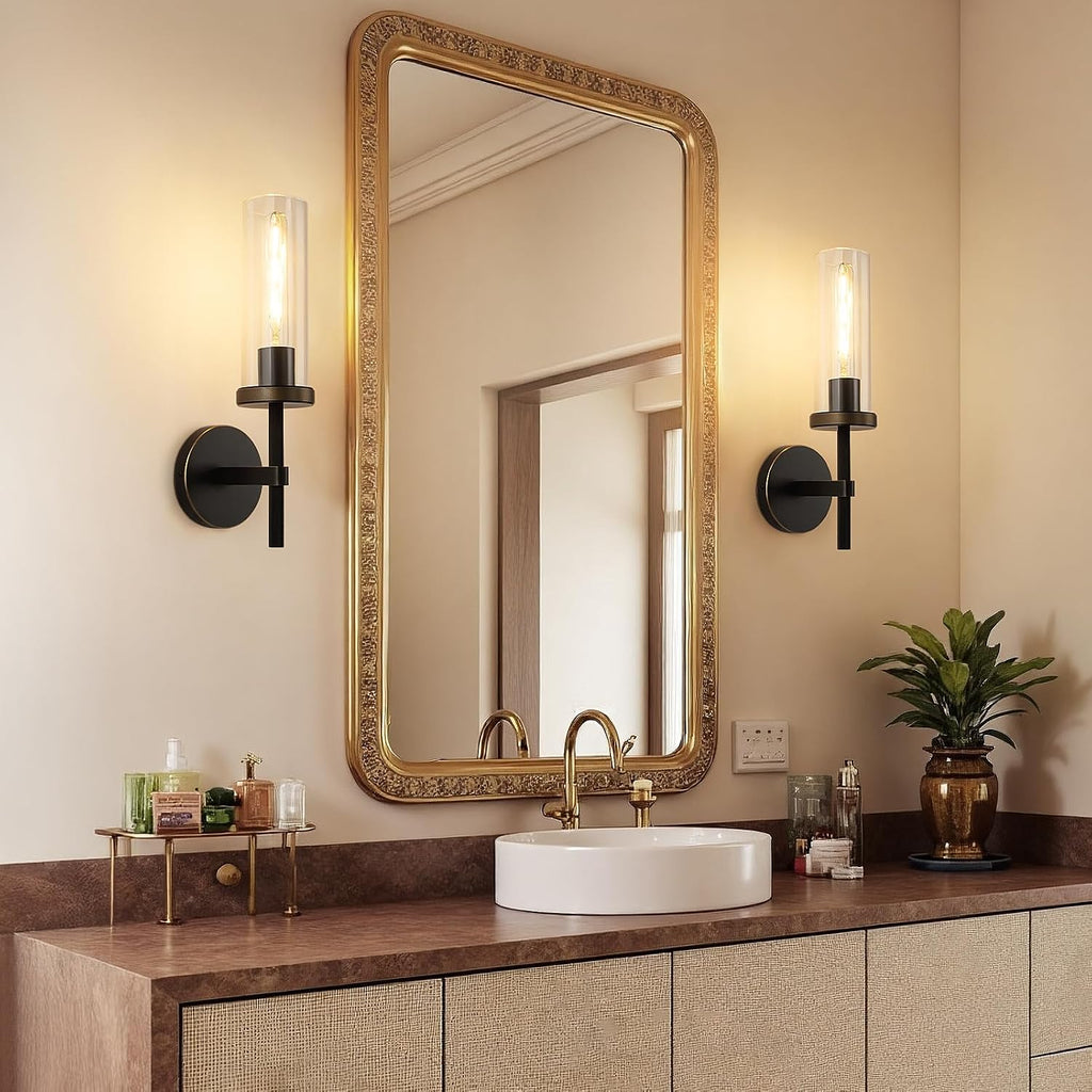 15' Knurled Brass Wall Sconces Set of 2, Black Gold Bathroom Vanity Light Fixtures with Clear Glass Tube, Modern Lamp Lighting for Bedroom, Living Room, Hallway, Staircase, Mirror, Kitchen