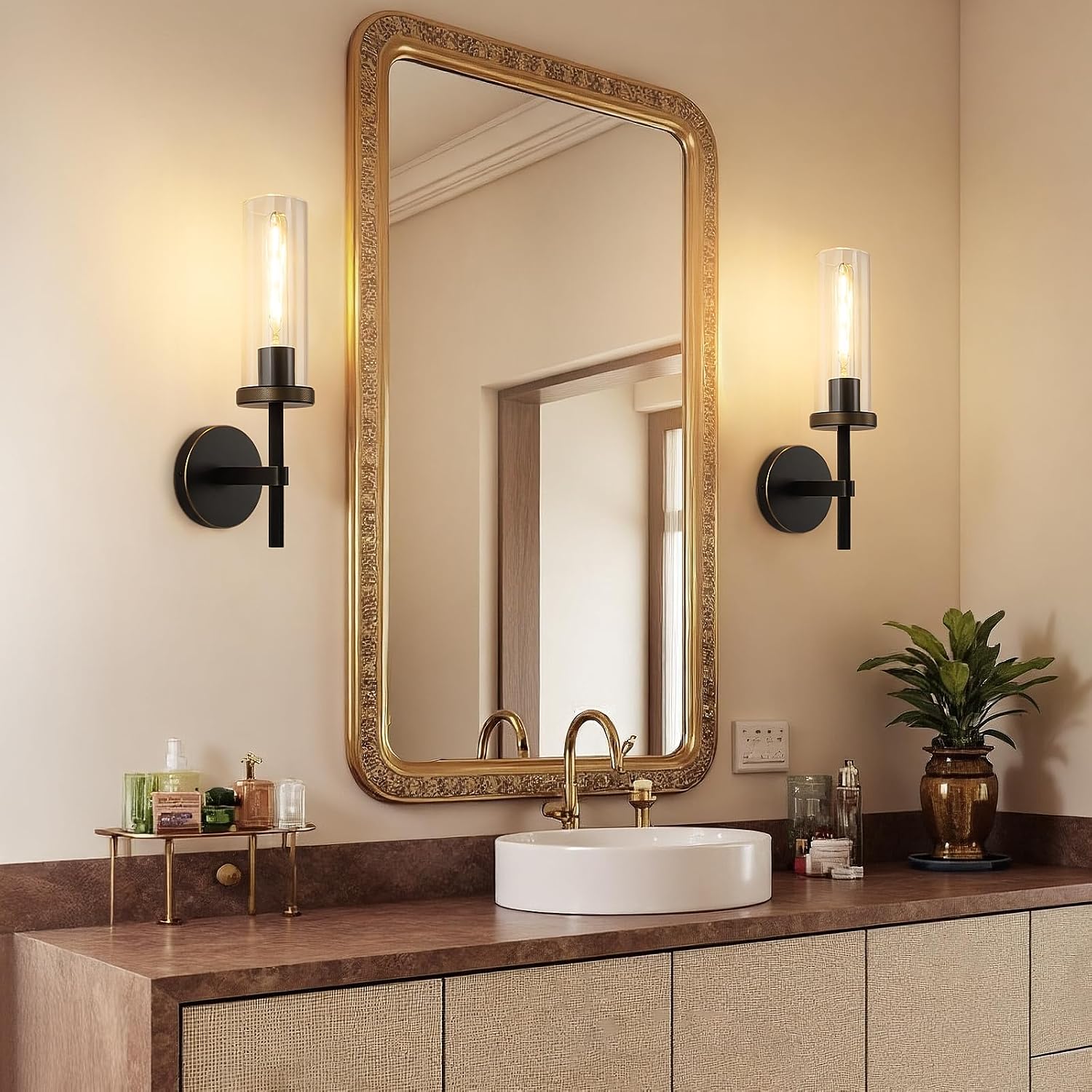 15' Knurled Brass Wall Sconces Set of 2, Black Gold Bathroom Vanity Light Fixtures with Clear Glass Tube, Modern Lamp Lighting for Bedroom, Living Room, Hallway, Staircase, Mirror, Kitchen
