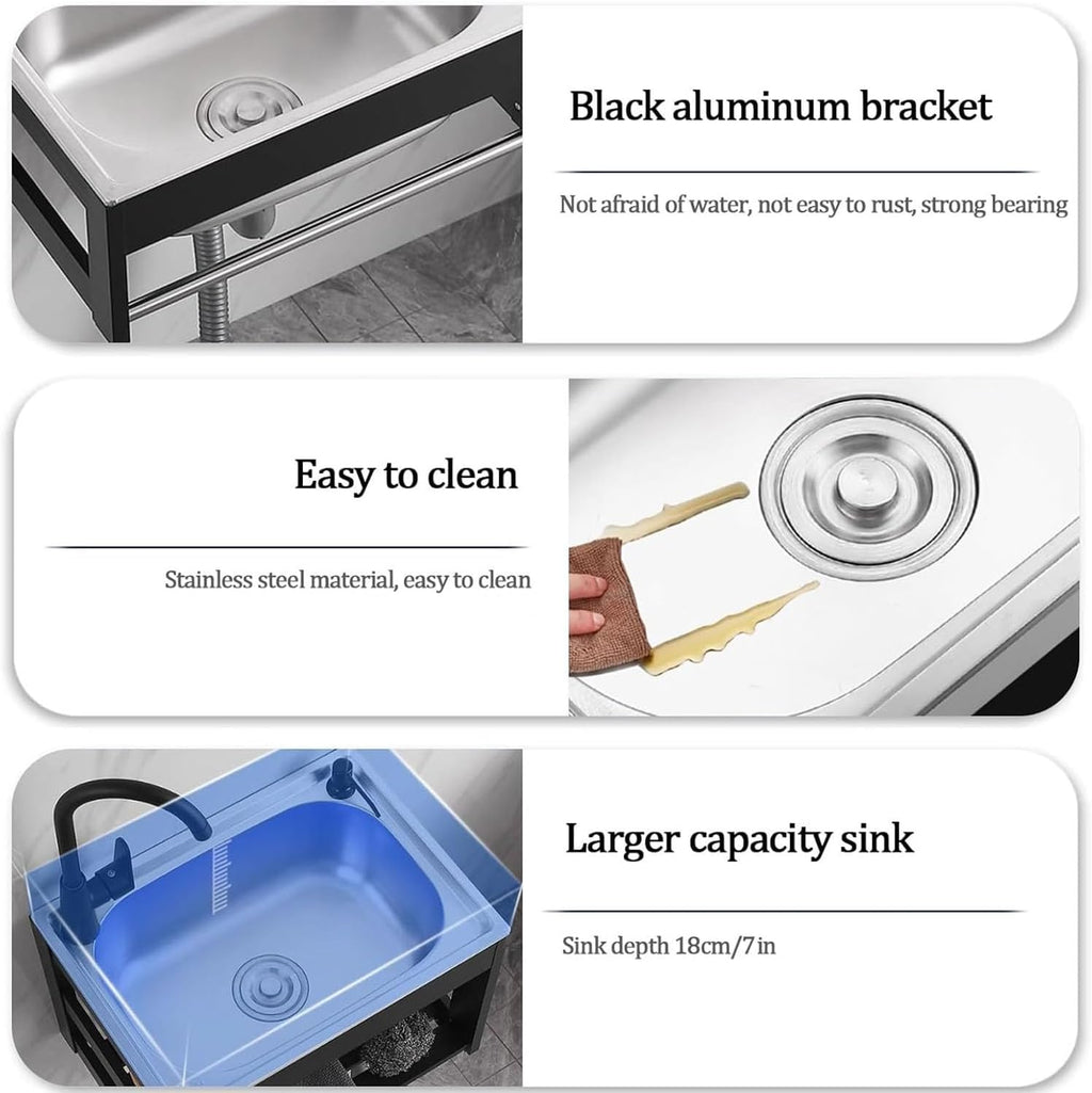 Wall Mounted Kitchen Sink with Towel Rack, Stainless Steel Utility Sink Washing with Hot and Cold Water Tap and Pipe, Single Bowl Restaurant Sink for Lau,50 * 40 * 21cm