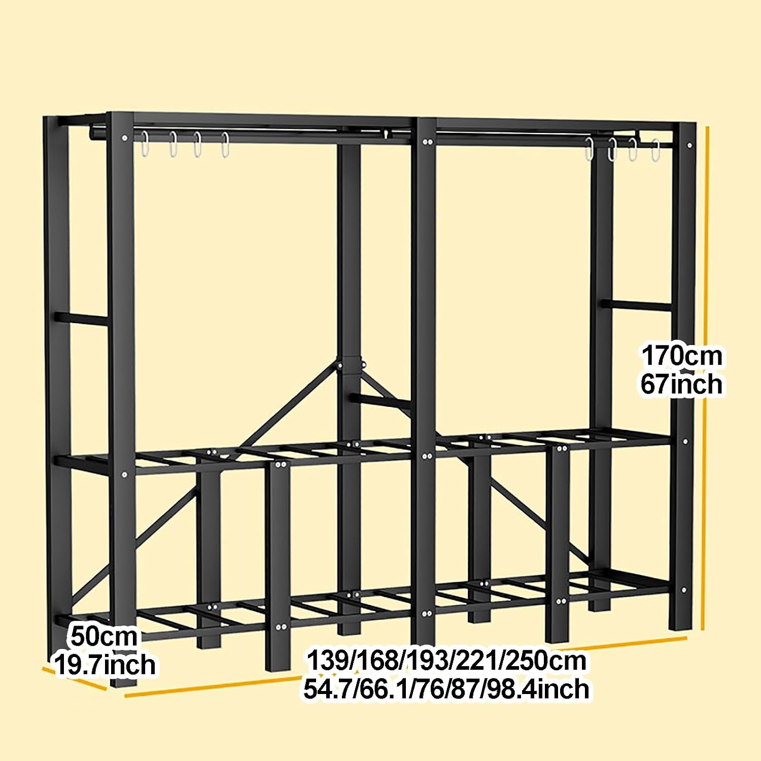 Portable Closet Wardrobe With Hanging Rods, Heavy Duty Clothing Rack With Fabric Cover, Metal Closet Rack For Hanging Clothes, Coat Storage Garment Racks(E,250CM/98.4INCH)