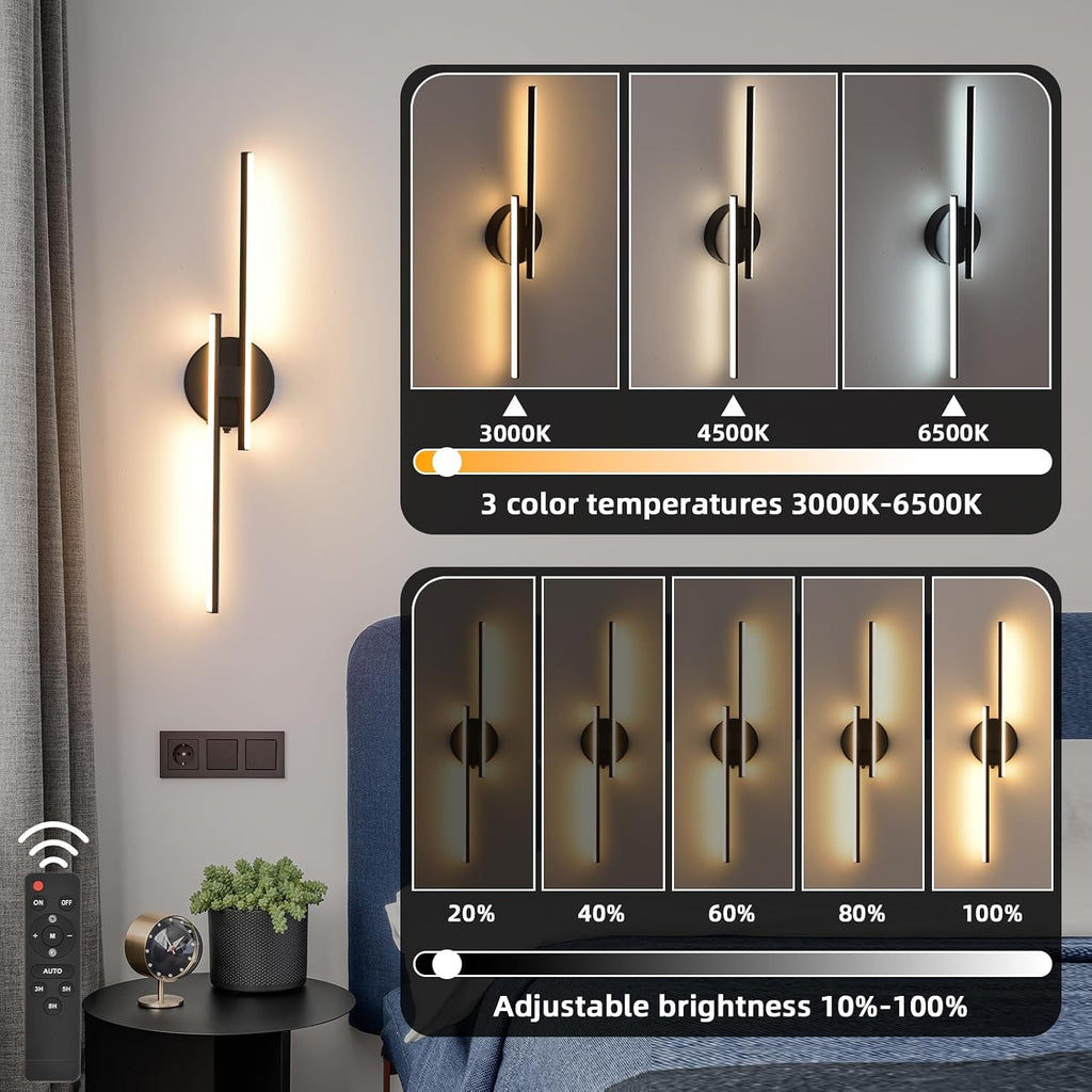 Rechargeable Battery Operated Wall Sconce Set Of Two, Black Wireless LED Wall Sconces With Remote Control, Dimmable 3 Colors Cordless wall lights for Living Room, bedroom, Hallway, 23.6 Inch ( 2pcs)
