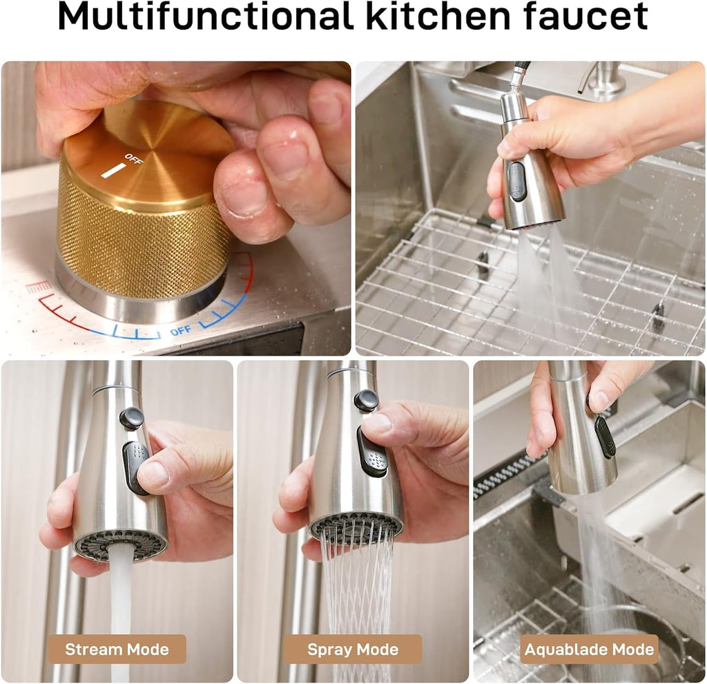 Senfot Kitchen Sinks and Faucet Combo Set with Bottom Grid & Drain Assembly, 304 Stainless Steel Handmade Modern Kitchen Sink with Pull-Out Tap, Chopping Board, Cup Washer, Size 30x 22 x 9in, Silver