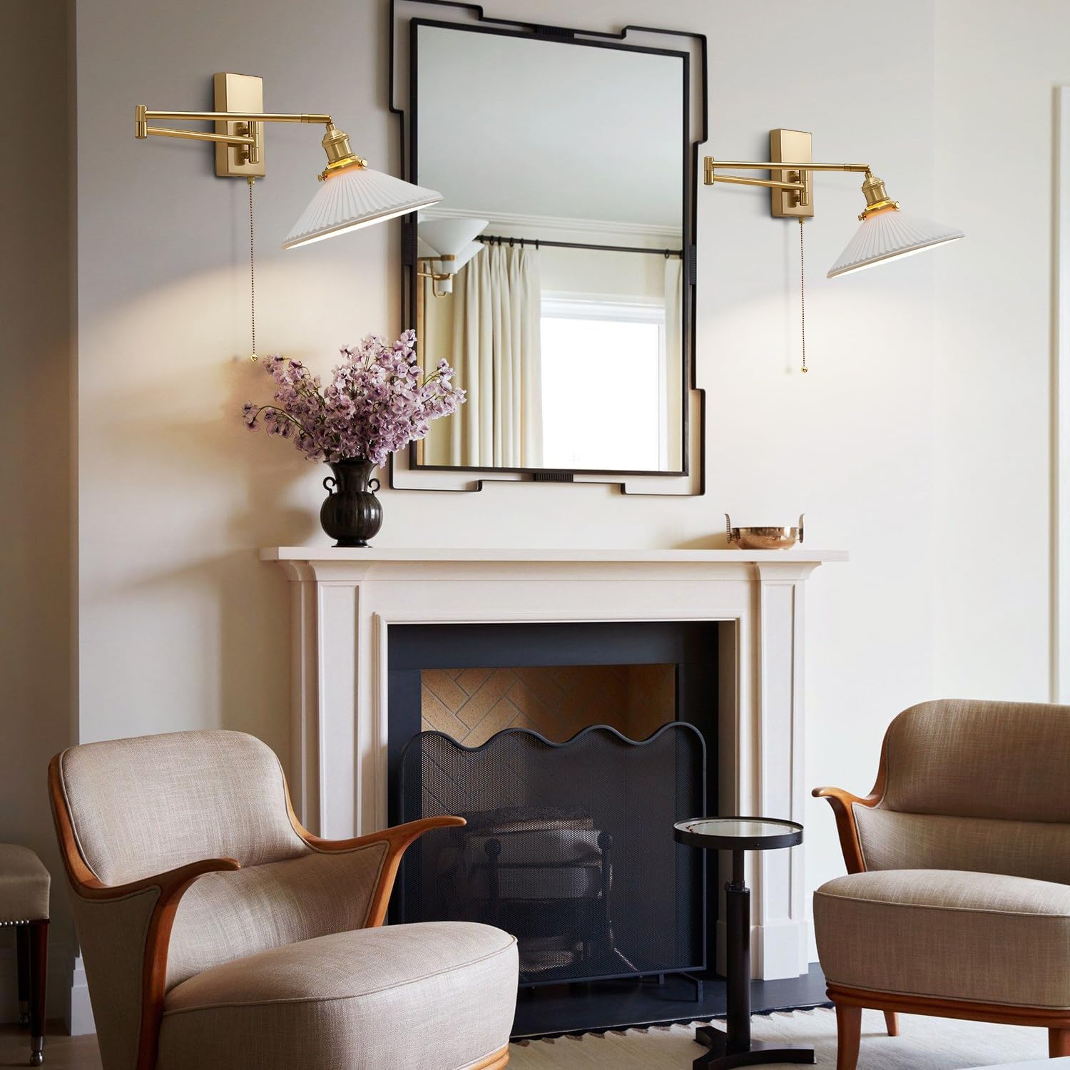 Swing Arm Sconces 2pk, Brushed Gold Hardwired Wall Lamp Pull Chain | Adjustable swing arm wall sconces in brushed gold with frosted glass; 180° rotation for bedside and vanity use; E26 base