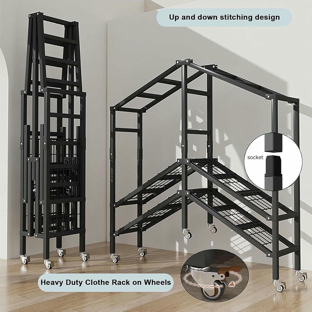 Metal Wardrobe Rack - Heavy Duty Foldable Wardrobe Closet with Cover 1200lbs Garment Rack for Hanging Clothes Covered Clothing Coat Storage Organizer