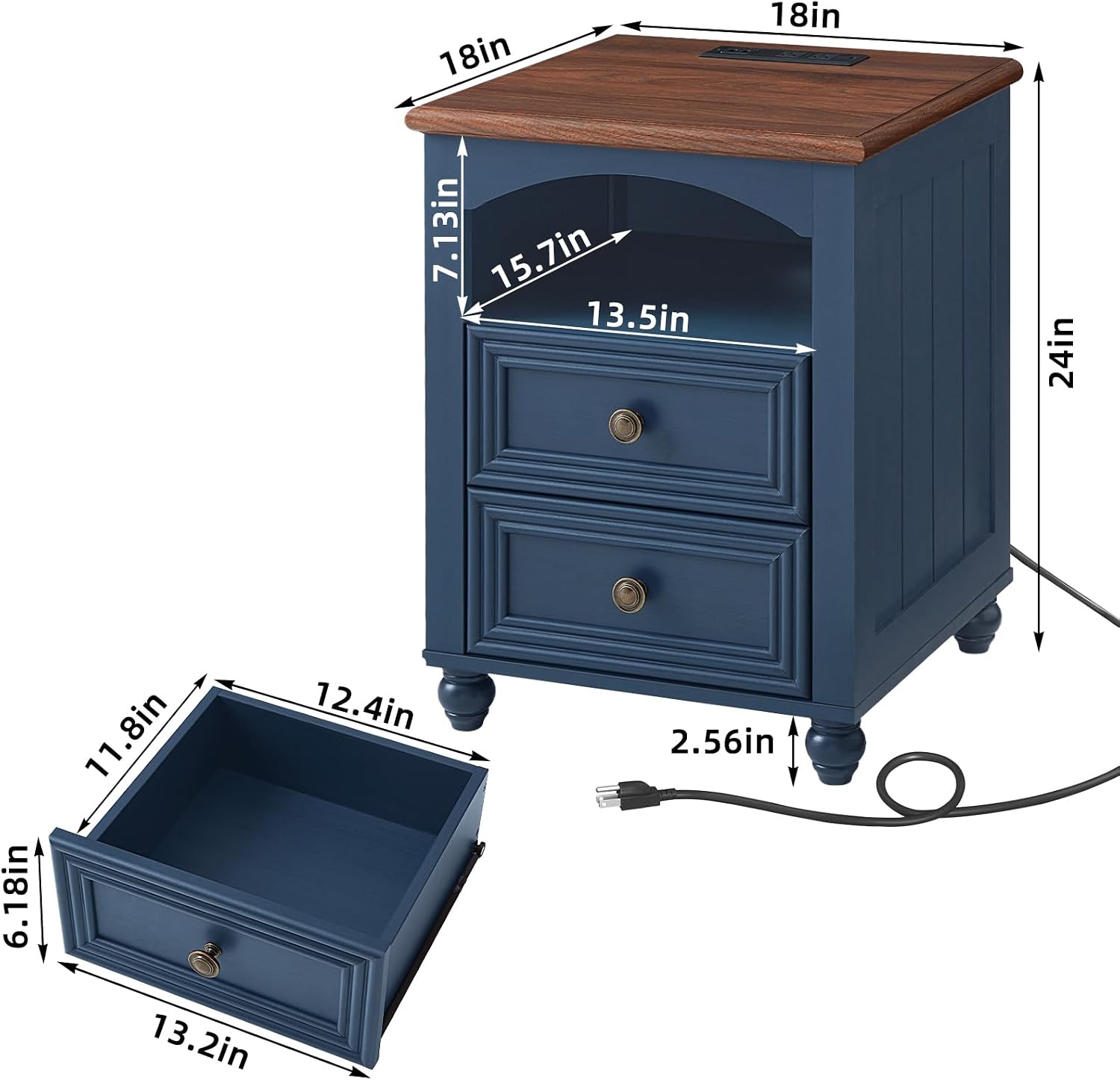 RWYHG 18' Farmhouse Night Stand Set of 2 with Charging Station, Wood Blue Nightstand with 2 Drawers, Bedside End Table with Shelf Storage, Bed Side Tables for Bedroom, Living Room, and Closet