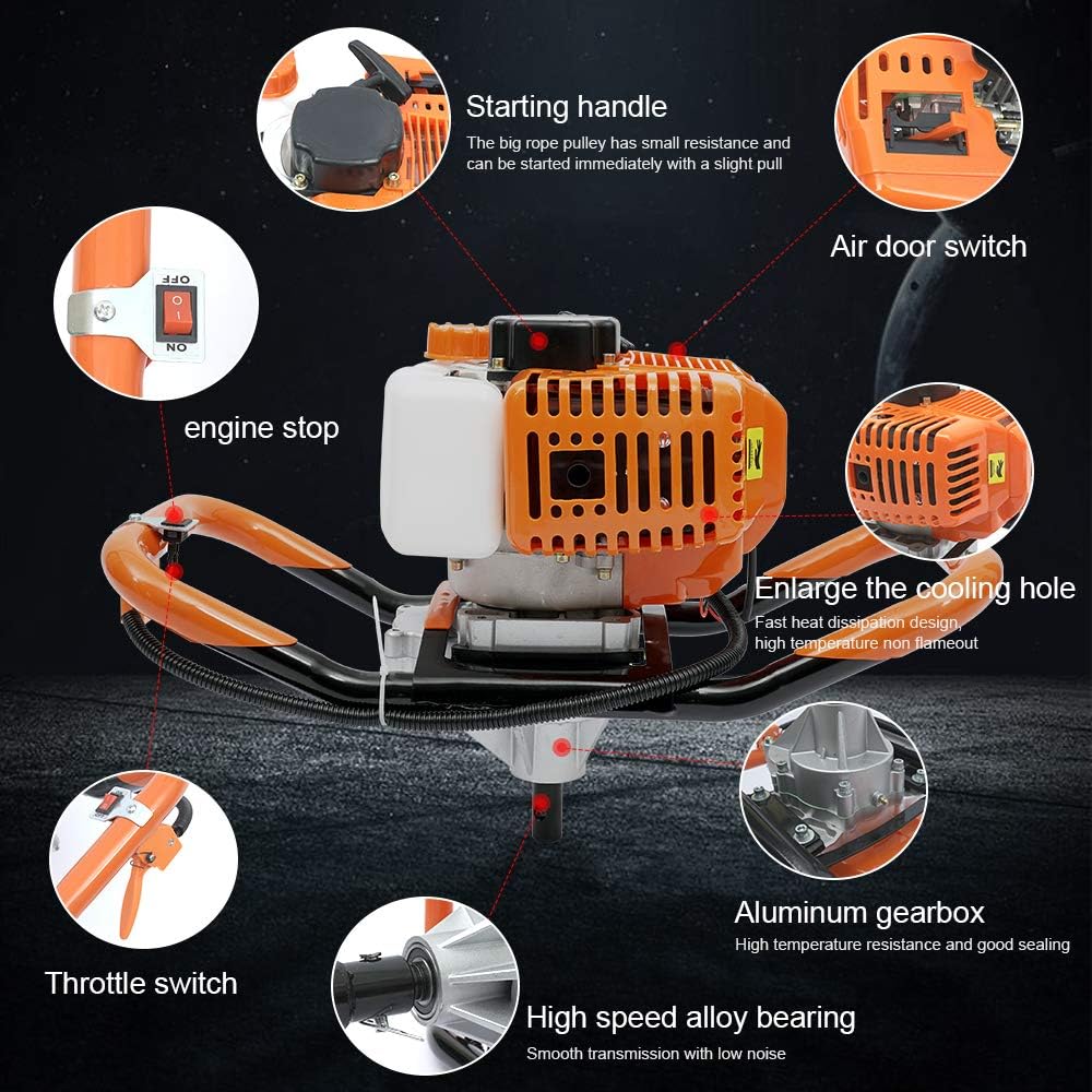 Fence Earth Auger, Petrol Borer 52cc 2-Stroke Post Hole Digger+Drill Bits 4' 6' 8' Bar Single Cylinder Air-Cooled System One Man Fence Earth Auger (US Stock) (2.3HP)