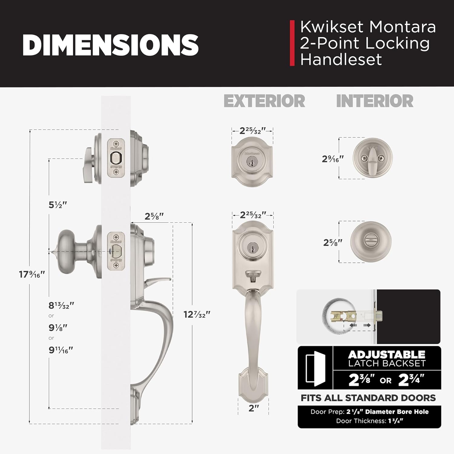 Kwikset Montara Front Door Lock Handle and Deadbolt Set, Entry Handleset Exterior with Interior Doorknob, Satin Nickel, Pick Resistant SmartKey Rekey Deadbolt Security, with Microban Protection