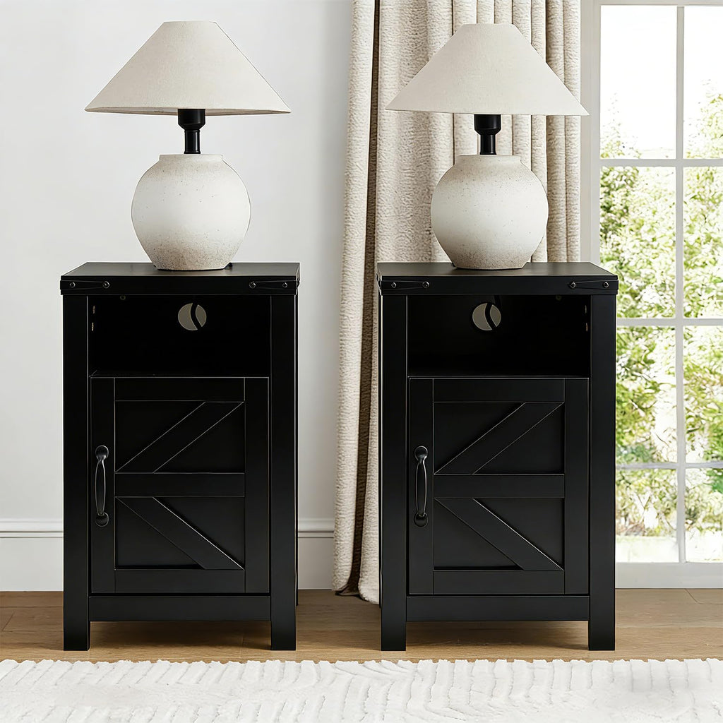 Farmhouse Nightstand Set of 2 with Charging Station, Modern Bedside Table with Barn Door and Shelf, Sofa Side Table End Table for Bedroom, Living Room, Black