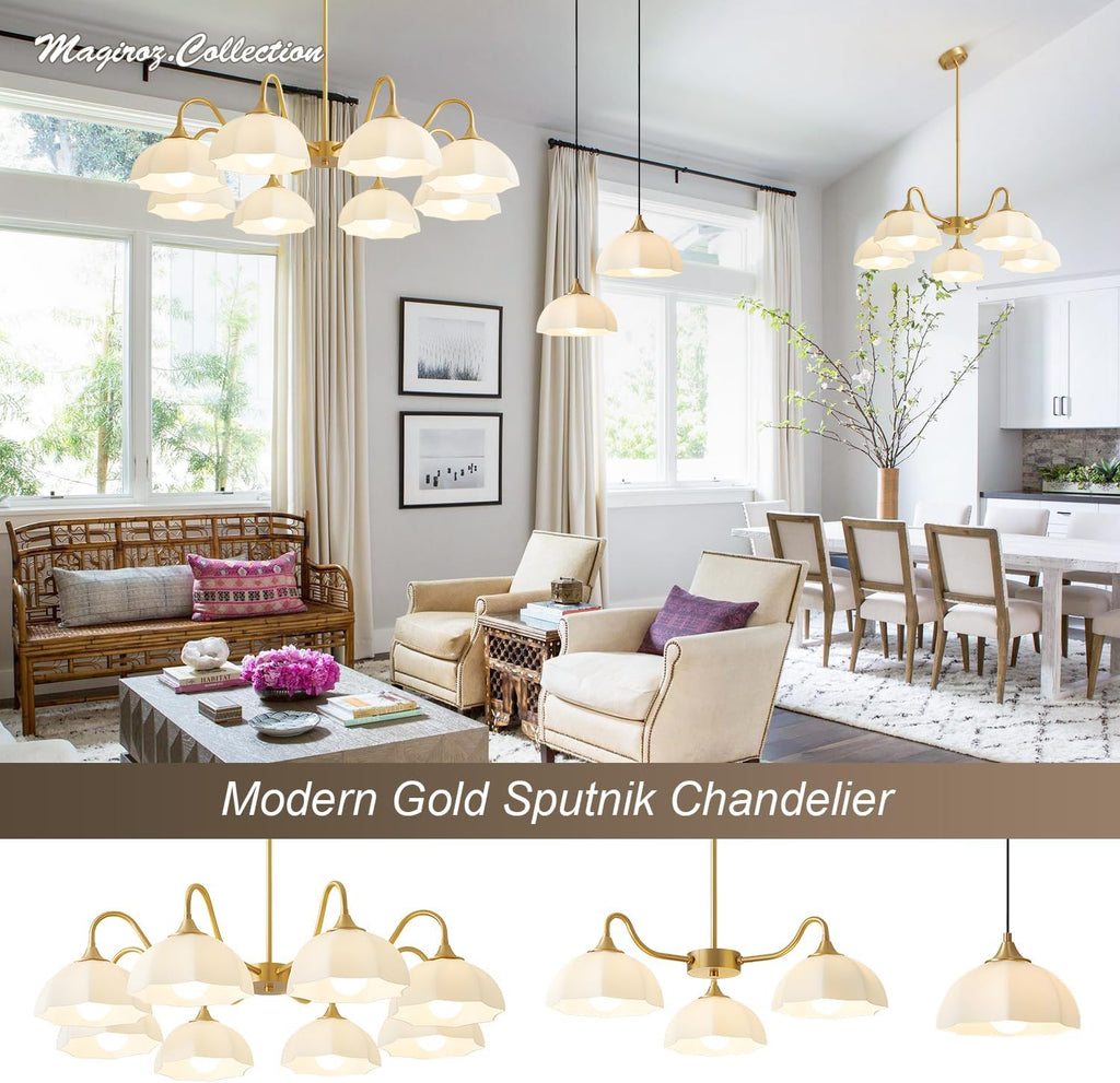 Mid Century Modern 3 Light Sputnik Chandeliers Retro Gold Milk Glass Chandelier Pendant Light Fixture Nordic White Ceramic Kitchen Island Hanging Lights Dining Room Ceiling Lamp MPL13-3 GD