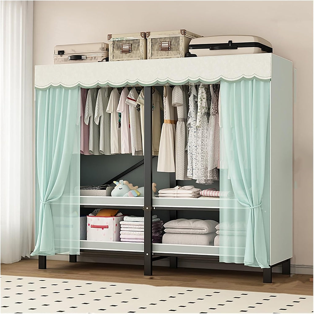 Foldable Wardrobe Closet, Metal Freestanding Clothing Rack, Garment Rack For Hanging Clothes, Coat Storage Organizer With Hanging Rods, For Bedroom, Dorm(Green,130cm/51.2inch)