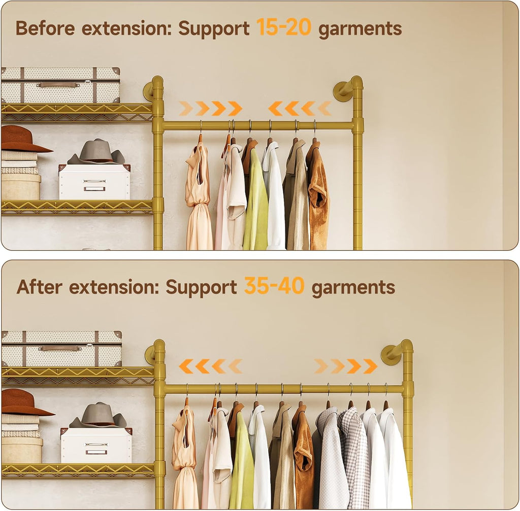 ONBRILL H3 Expandable Wall Mounted Closet System, 5.4FT-8.1FT Closet Organizer with 4 Telescopic Rods & 6 Wire Shelves, Industrial Pipe Clothing Rack for Walk-in & Reach-in Closet (Gold)
