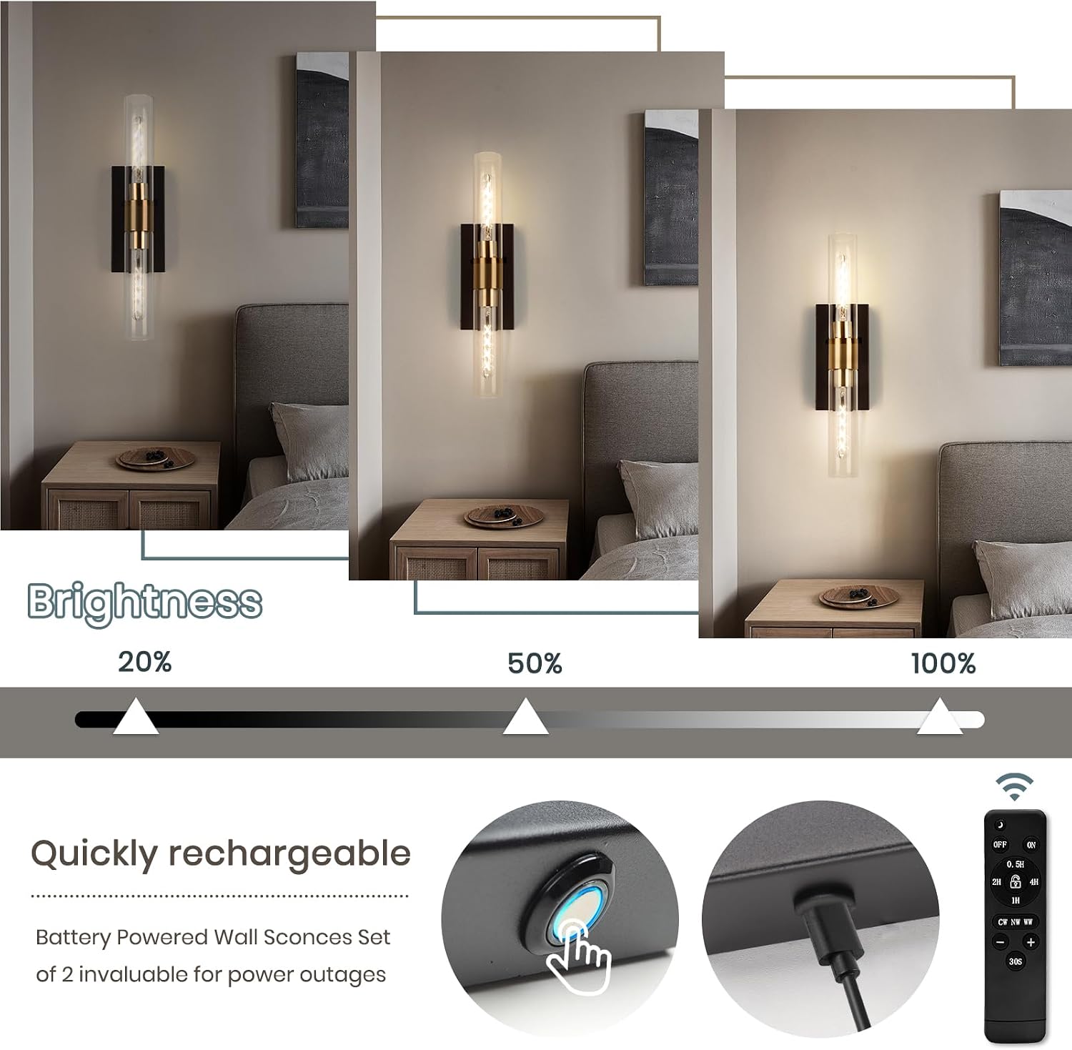 Wall Sconce Set of Two, Battery Operated Wall Sconce, Rechargeable Wall Lamp with Remote, Indoor Non-Hardwired Wall Sconces, Modern Vanity Light for Bedroom, Hallway, Aisle