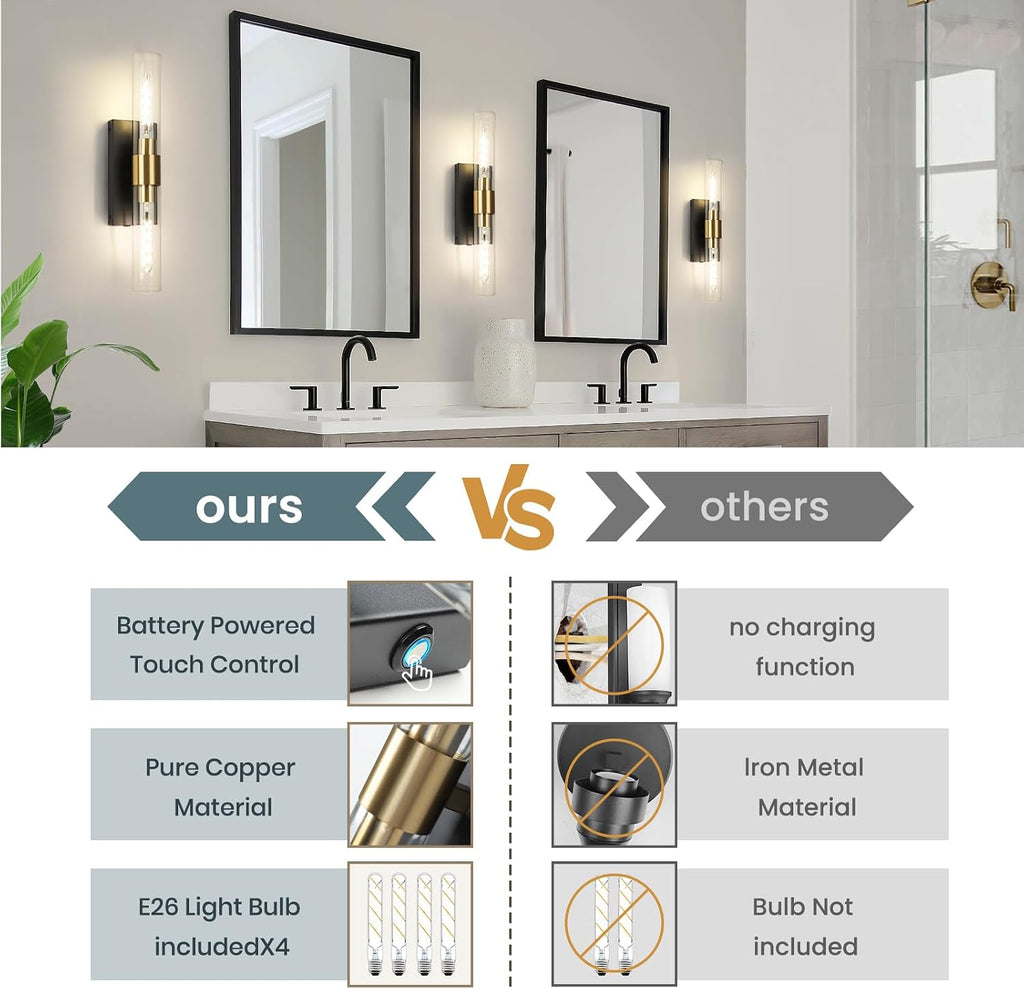 Wall Sconce Set of Two, Battery Operated Wall Sconce, Rechargeable Wall Lamp with Remote, Indoor Non-Hardwired Wall Sconces, Modern Vanity Light for Bedroom, Hallway, Aisle