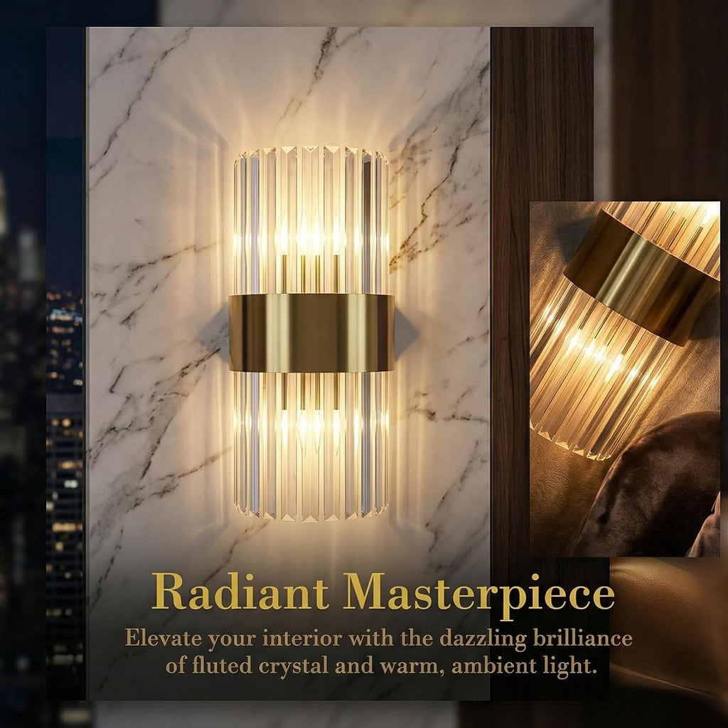 Gold Wall Sconces Set of Two Mid Century Modern Crystal Sconce Lighting 2-Light Brass Glass Wall Light Fixtures for Bathroom Bedroom Hallway Living Room