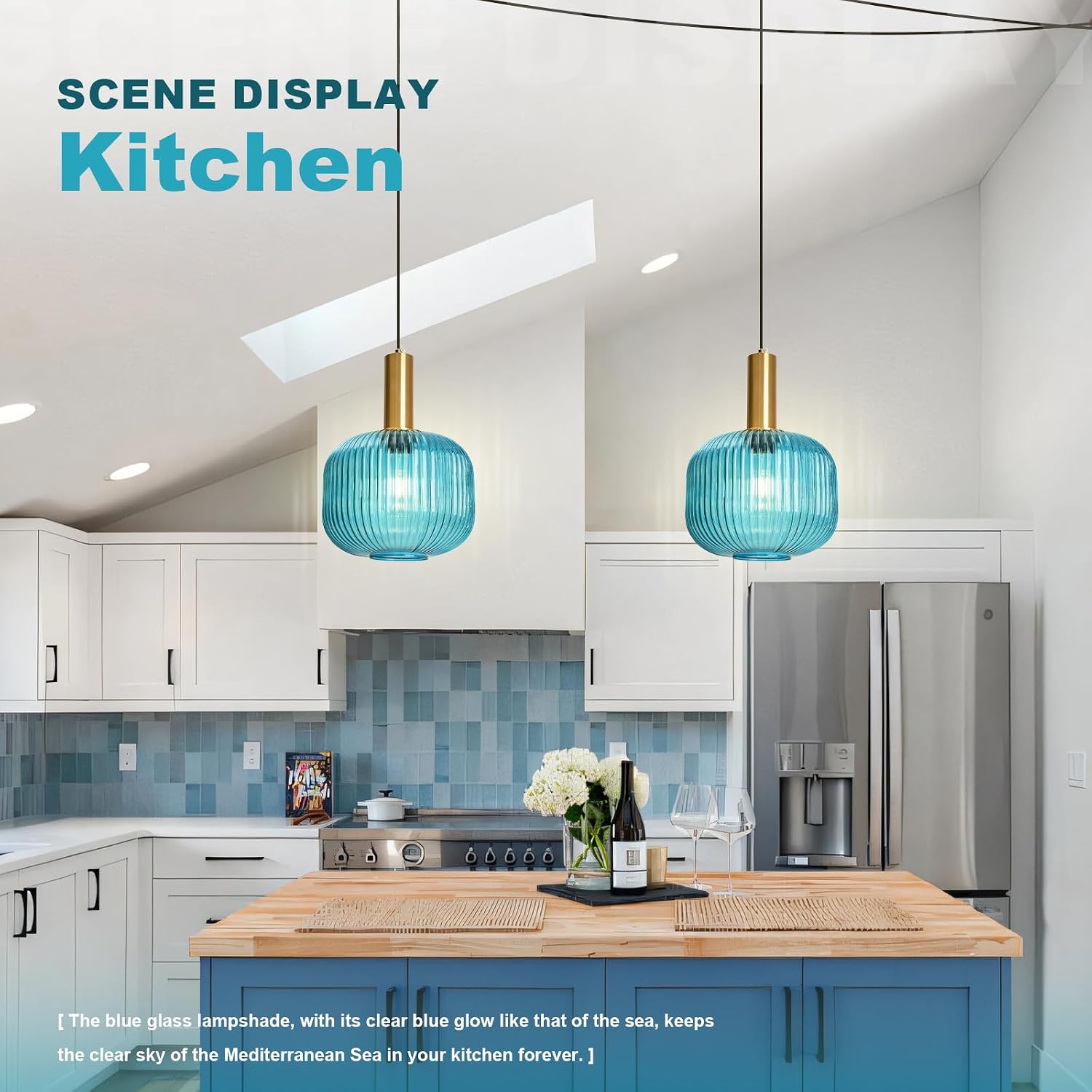 2 Pack Blue Hanging Lamp Plug in Ceiling Light with Cord Modern Coastal Pendant Lighting Fixture Striped Glass Hanging Pendant Lights for Living Room Bedroom Beach House Kitchen Gold