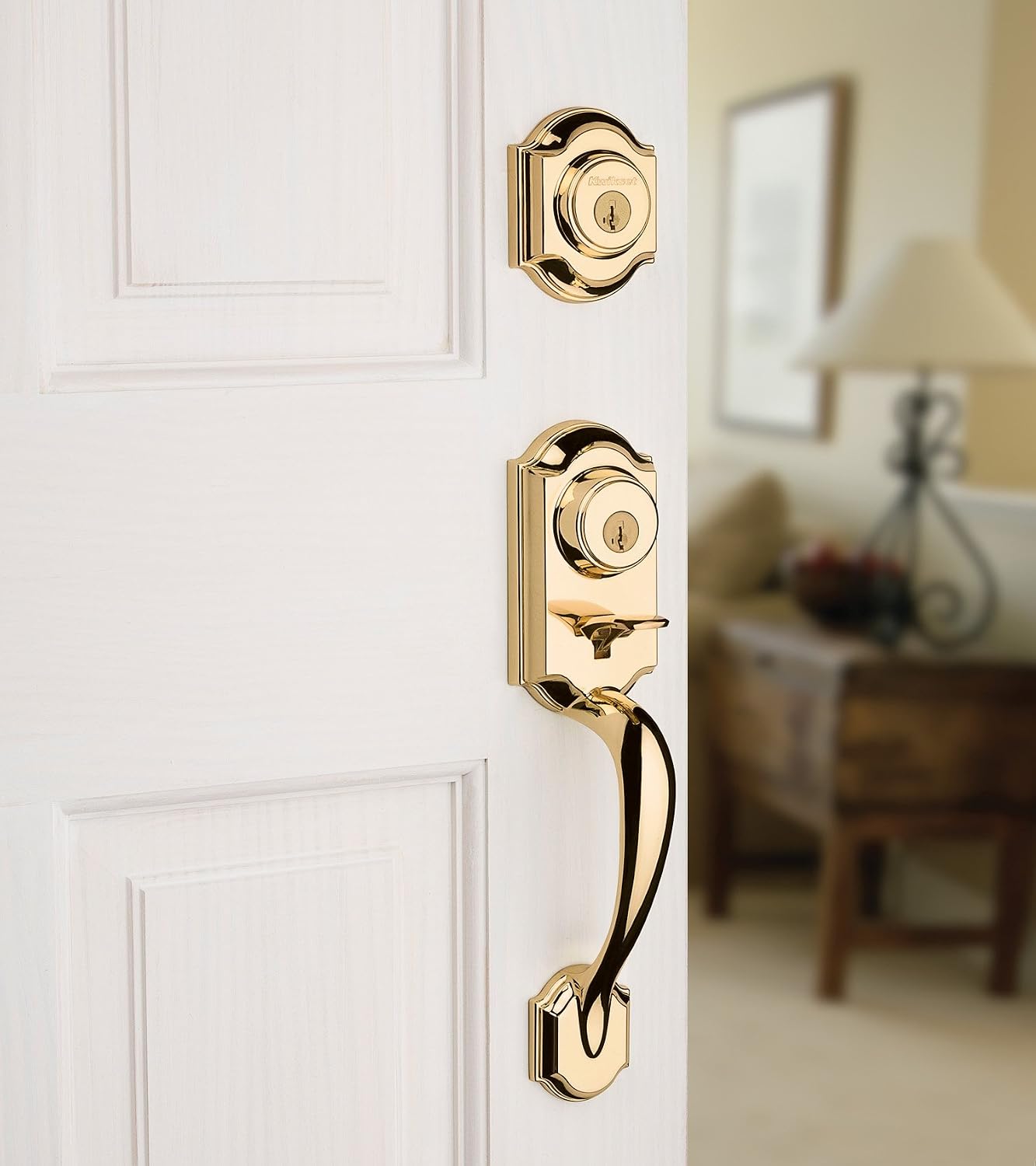 Kwikset Montara Front Door Lock Handle and Deadbolt Set, Entry Handleset Exterior with Interior Door Knob, Polished Brass, Pick Resistant SmartKey Rekey Deadbolt Security
