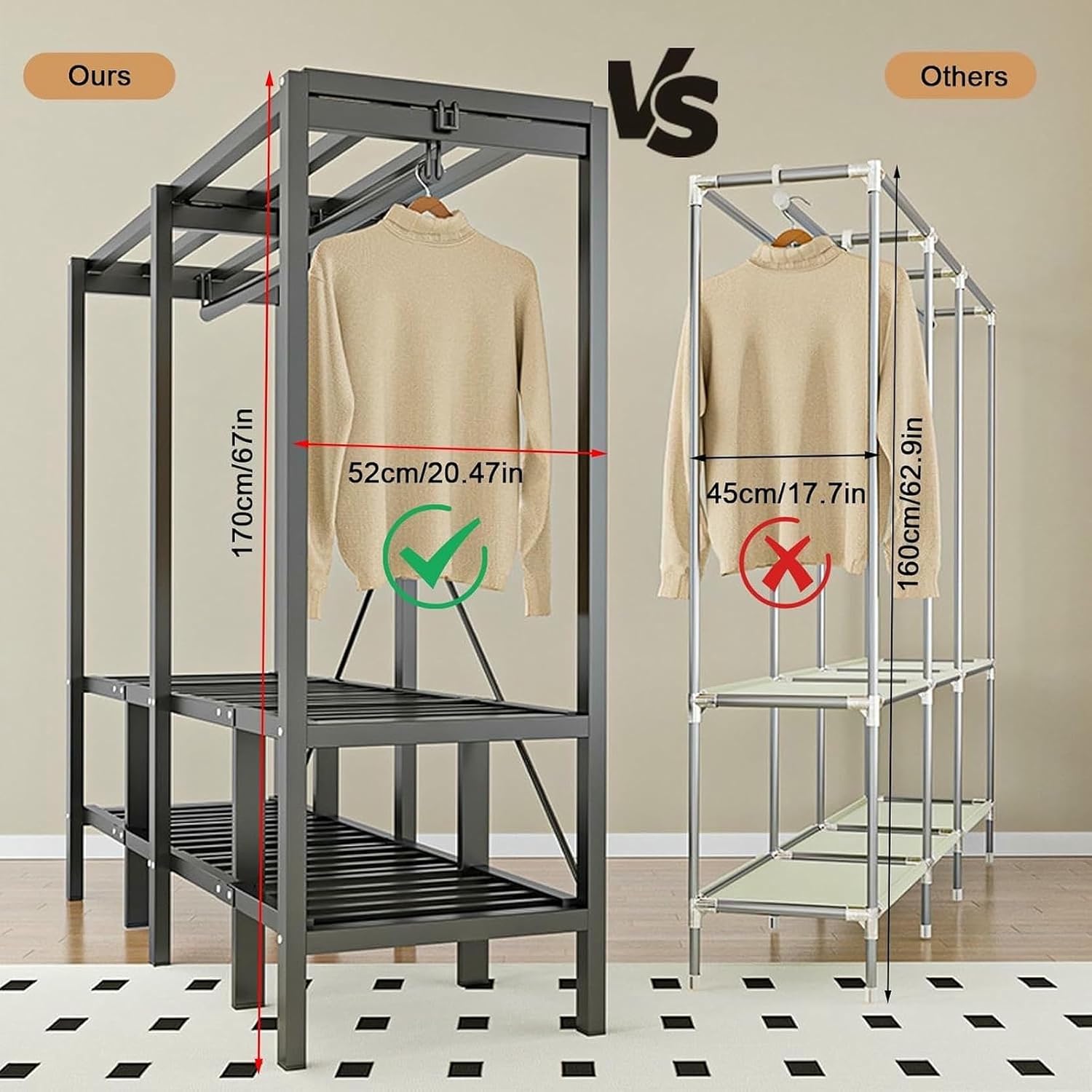 Metal Wardrobe Rack - Heavy Duty Foldable Wardrobe Closet with Cover 1200lbs Garment Rack for Hanging Clothes Covered Clothing Coat Storage Organizer