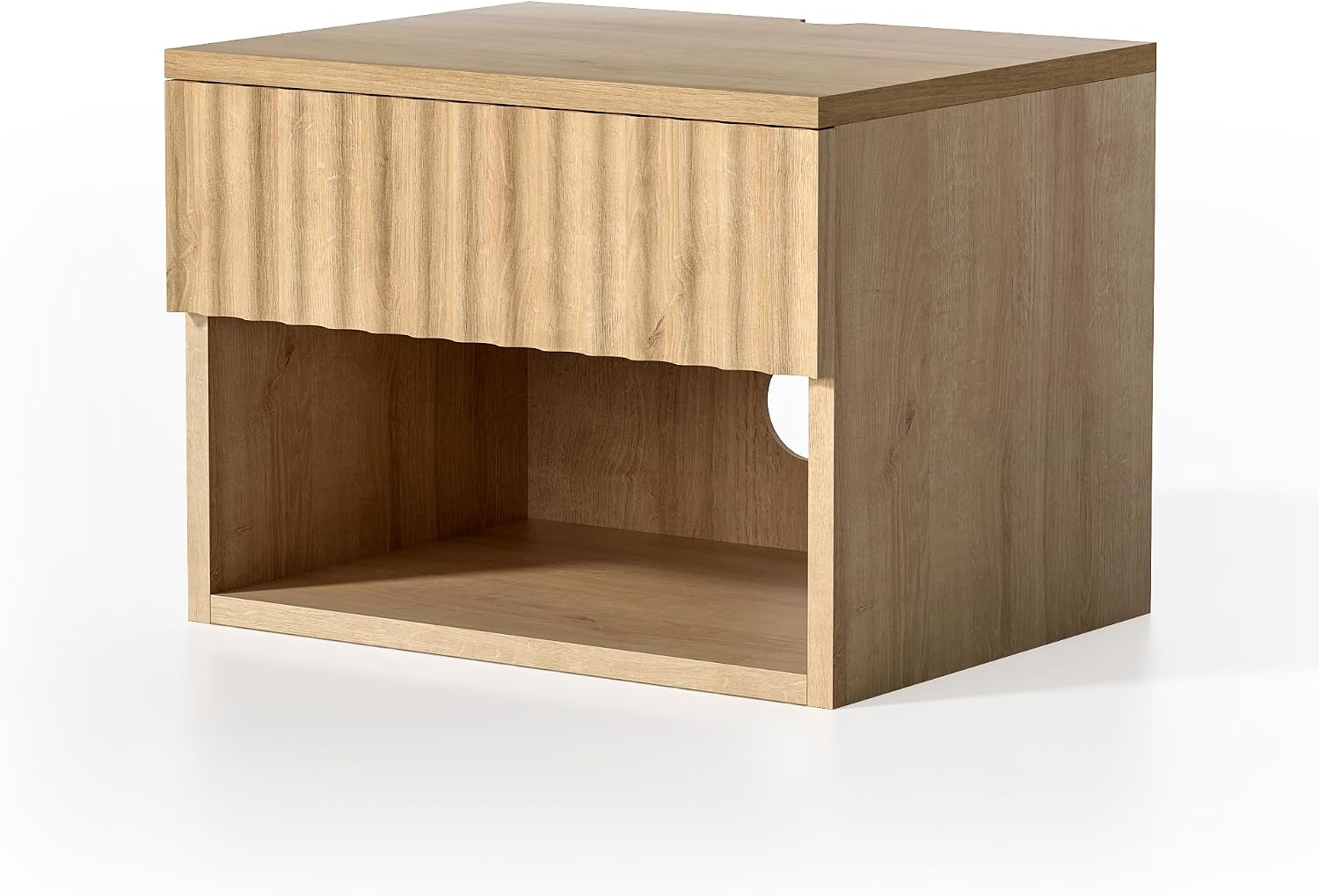 EYYTHUNG Small Floating Nightstand Set of 2, Modern Fluted Night Stand with Drawer and Open Storage Shelf Wall Mounted Bedside Tables Natural Oak