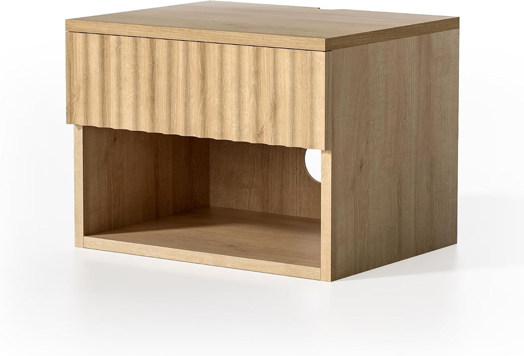 EYYTHUNG Fluted TV Stands Set of 4, Modern Small Floating Nightstand with Drawer and Open Storage Shelf Night Stand Wall Mounted Bedside Tables Natural Oak