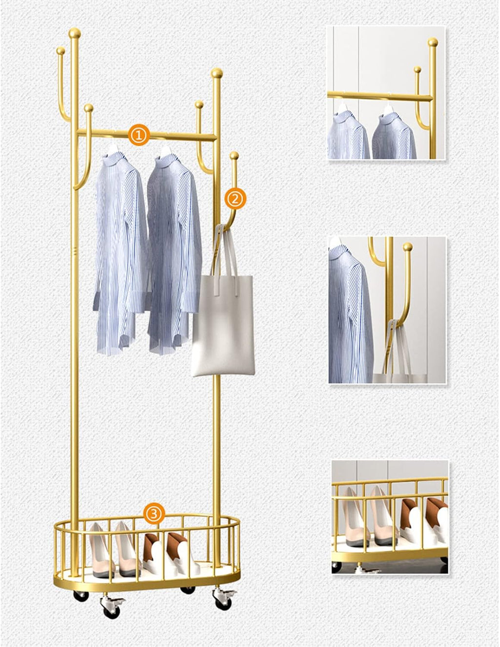 3-in-1 Rolling Garment Rack for Hanging Clothes with Wheels, Metal Coat Rack with Organizing Basket/120Cm/47.2In