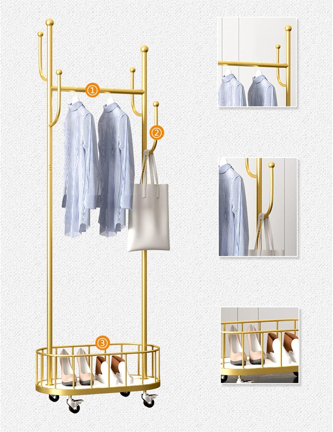 3-in-1 Rolling Garment Rack for Hanging Clothes with Wheels, Metal Coat Rack with Organizing Basket/150Cm/59.1In