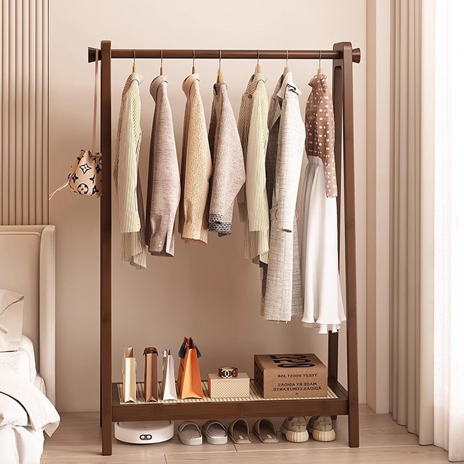 Natural Bamboo Garment Rack - Heavy Duty Freestanding Clothing Organizer with Shelves, Space-Saving Coat Rack for Hanging Clothes, 75x36x154CM, Walnut Color