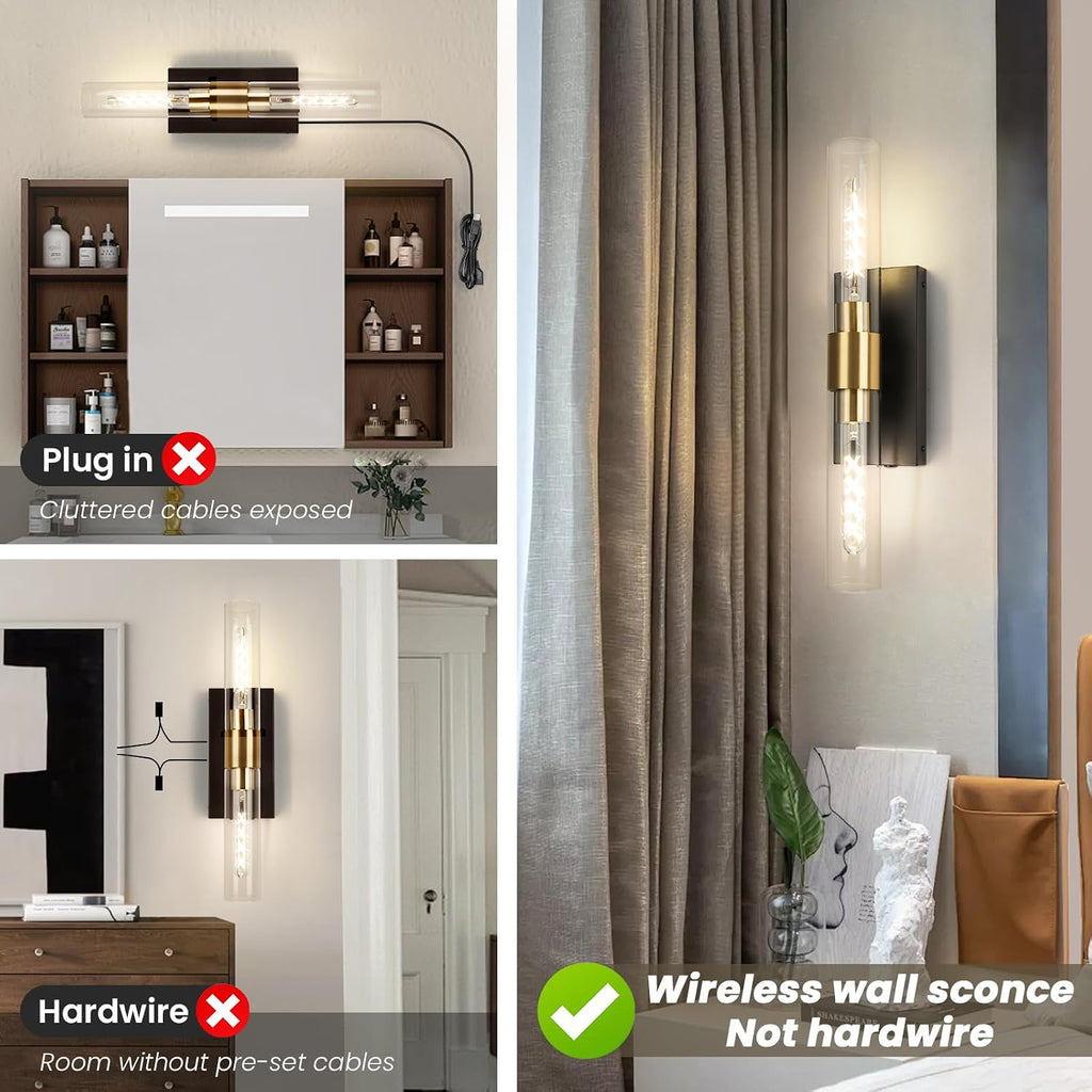 Wall Sconce Set of Two, Battery Operated Wall Sconce, Rechargeable Wall Lamp with Remote, Indoor Non-Hardwired Wall Sconces, Modern Vanity Light for Bedroom, Hallway, Aisle