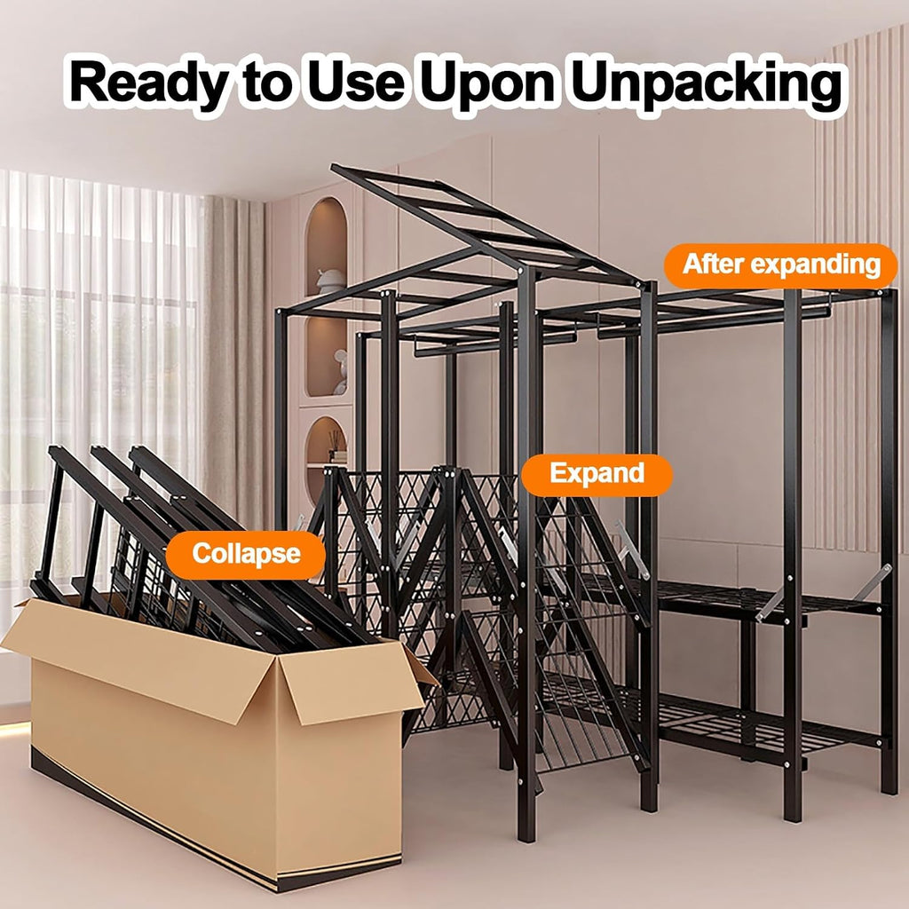 Foldable Closet Wardrobe, Heavy Duty Portable Metal Clothing Rack With Cover, Closet Organizer, Freestanding Armoire Storage Garment Racks For Hanging Clothes(A,240cm/94.5in)