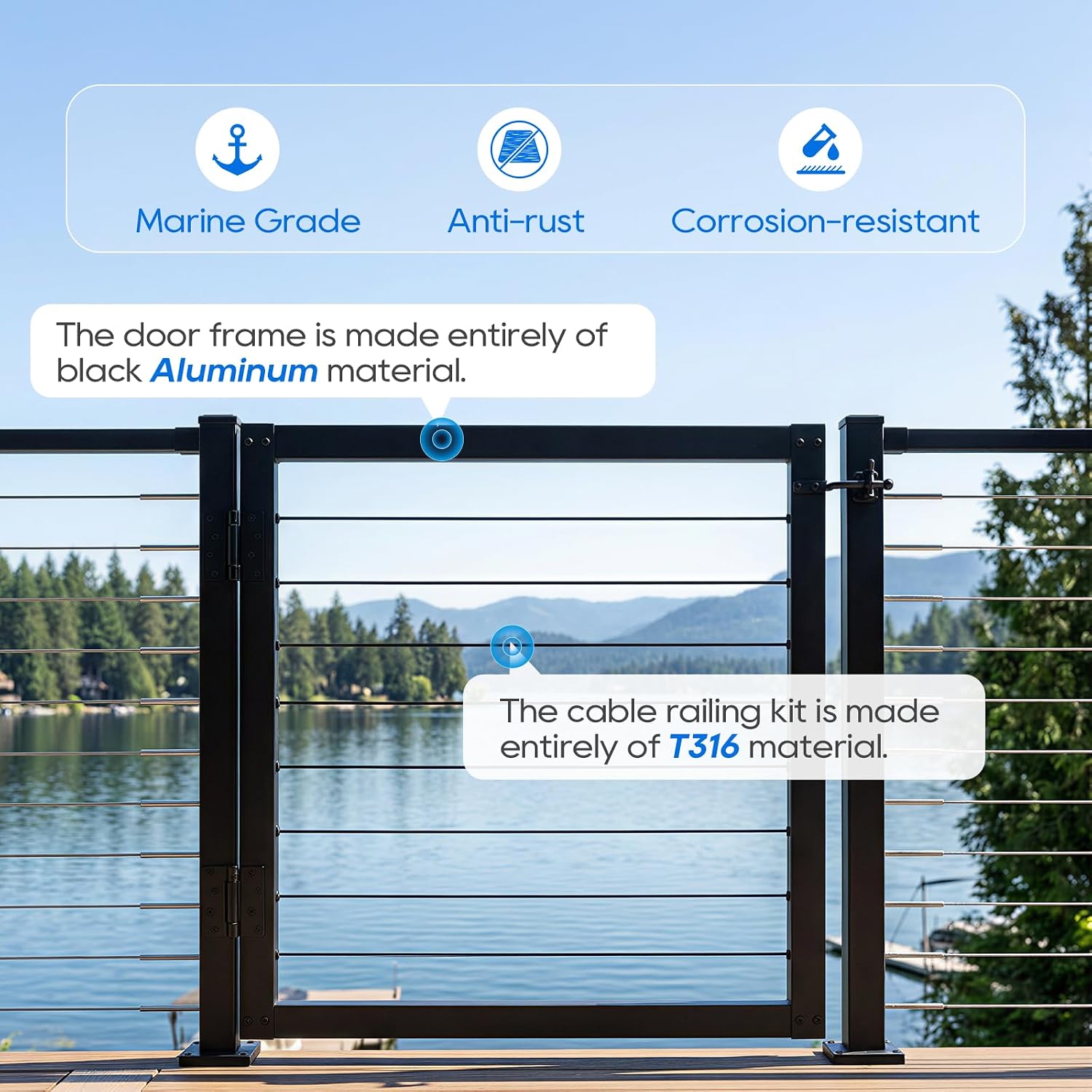 36' Aluminum Cable Railing Gate Adjustable Wide Deck Safety Gate, Black Powder-Coated Outdoor Railing Gate with Self-Closing Nylon Hinges & Latch, Easy DIY Installation for Deck