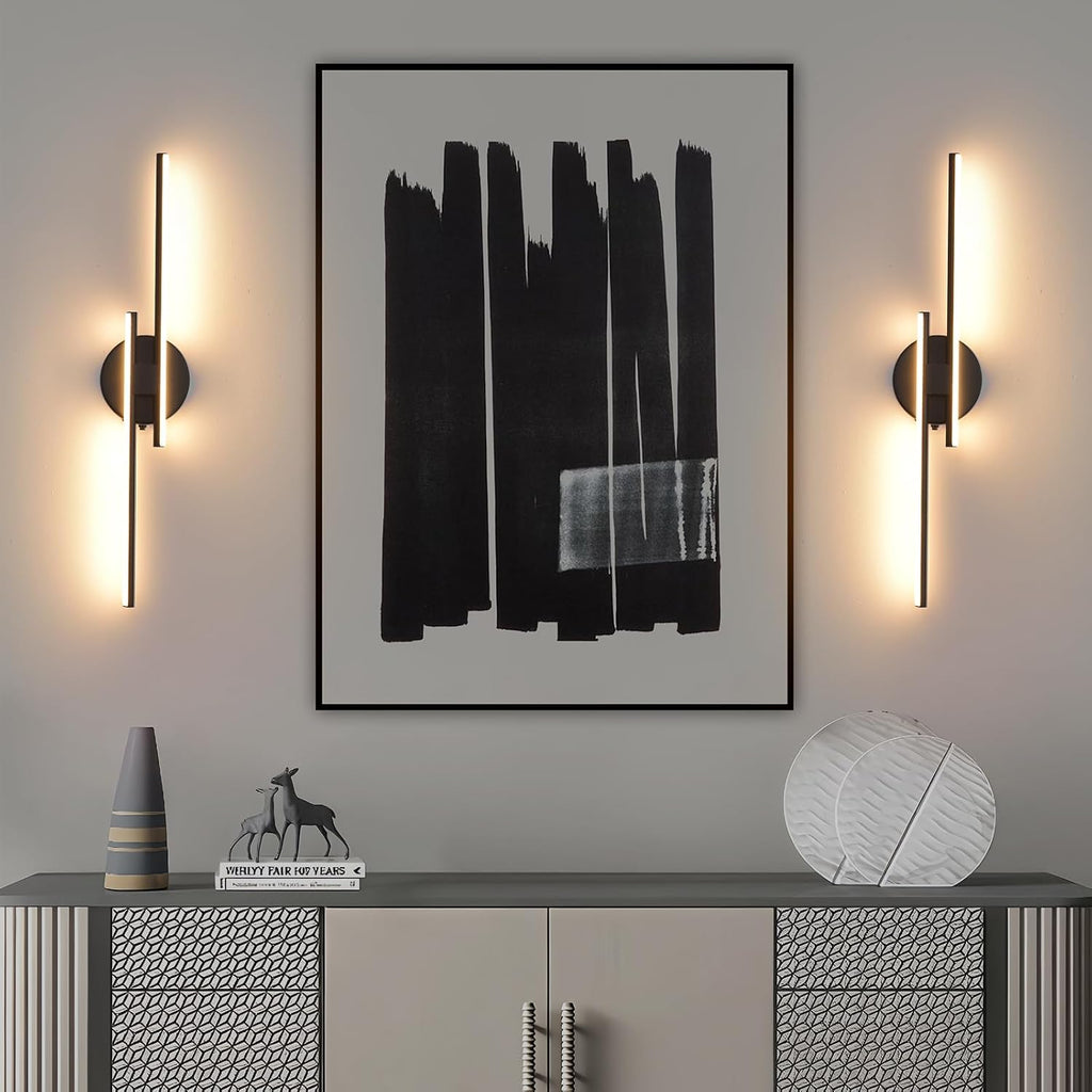 Rechargeable Battery Operated Wall Sconce Set Of Two, Black Wireless LED Wall Sconces With Remote Control, Dimmable 3 Colors Cordless wall lights for Living Room, bedroom, Hallway, 23.6 Inch ( 2pcs)