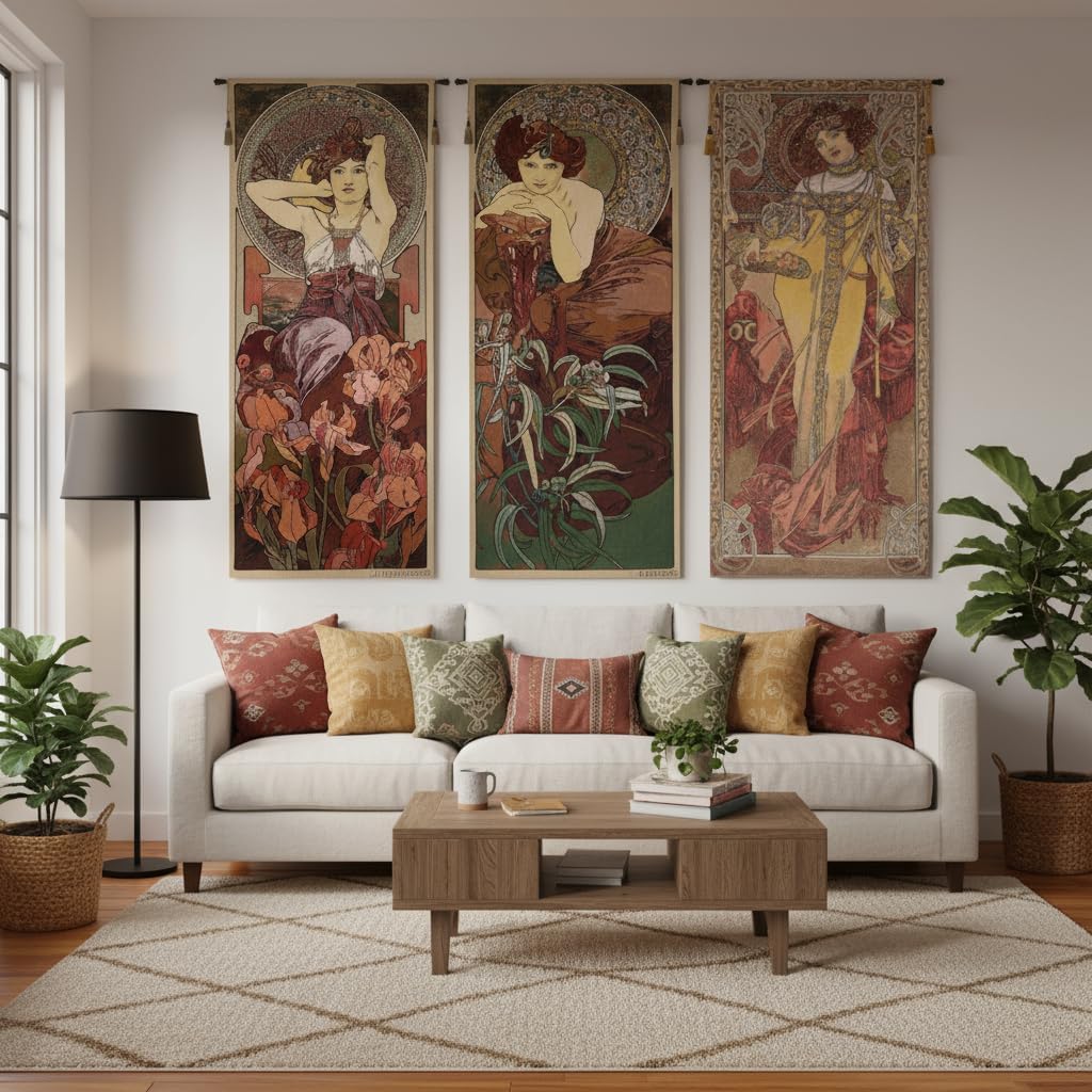 Charlotte Home Furnishings Inc - Mucha Rubis Belgian Premium Tapestry Wall Hanging |19x42 in Viscose Polyester Blend Boho Vintage Woven Wall Tapestry for Home & Wall Art by Alphonse Mucha