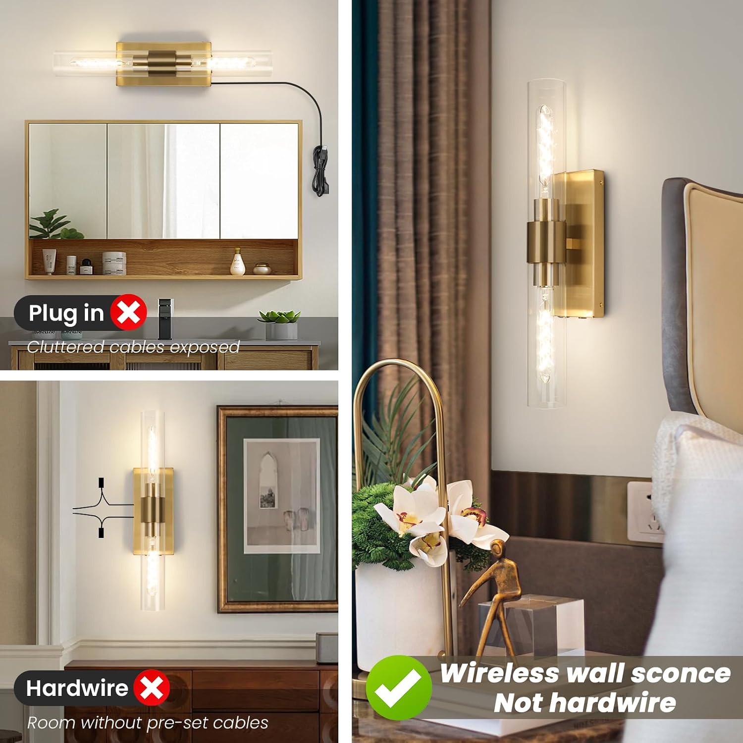Battery Operated Wall Sconce Set of Two, Rechargeable Wall Sconce, Gold Wall Lamp with Remote Controls, Indoor Non-Hardwired Bedside Wall Sconces, Gold Vanity Light for Bedroom, Hallway, etc