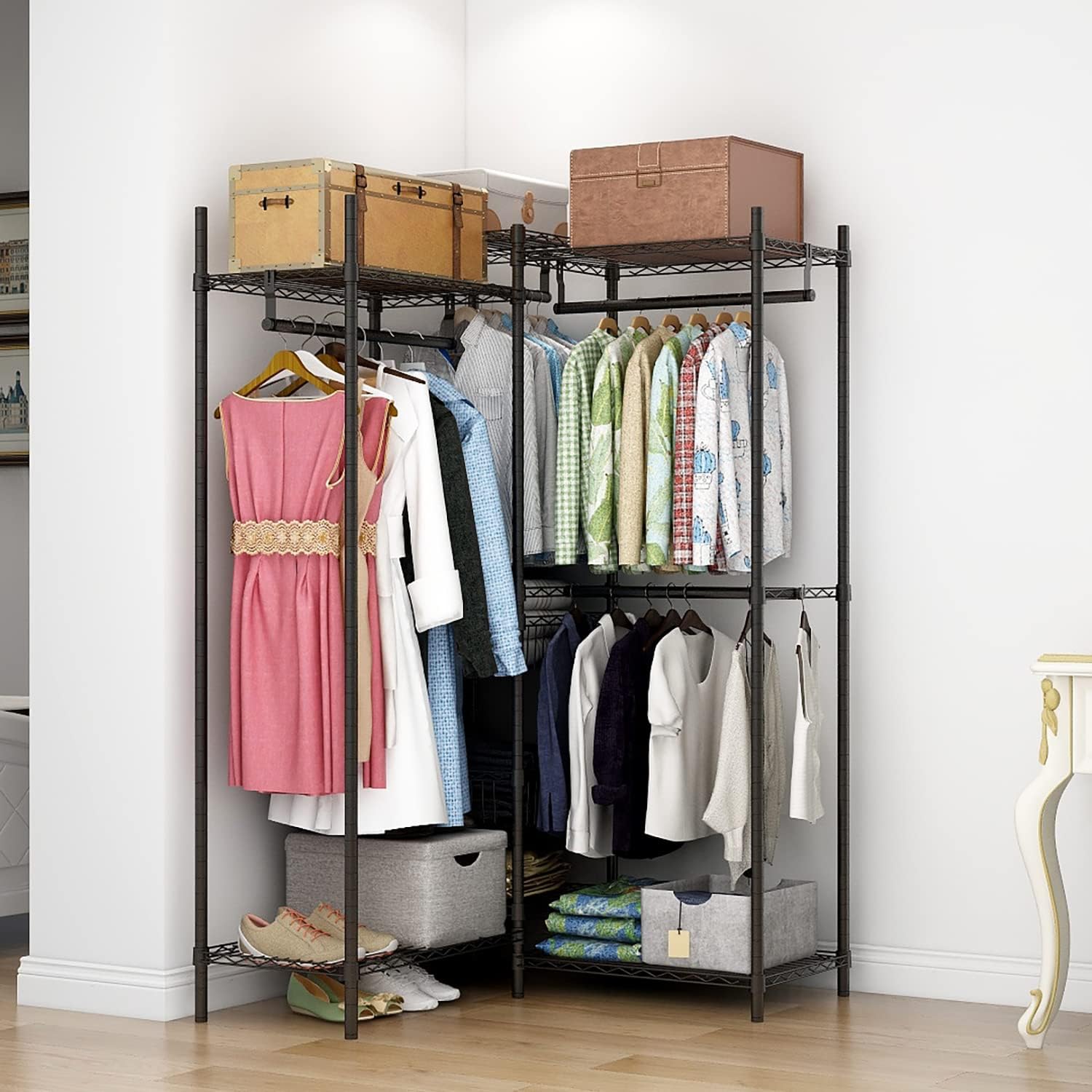 Xiofio Freestanding Heavy Duty Clothes Rack, Wire Clothing Rack with Hanging Rod,Adjustable Shelves & 2 Slid Fixed Baskets,60.7' L x 15.7' W x 75.6' H Max Load 720LBS,Black.