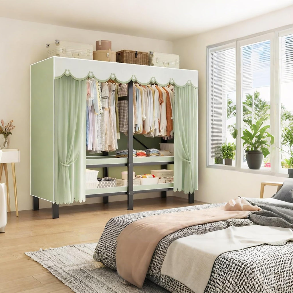 Foldable Heavy Duty Wardrobe Closet, Rolling Covered Portable, Metal Garment Rack for Hanging Clothes,for Bedroom