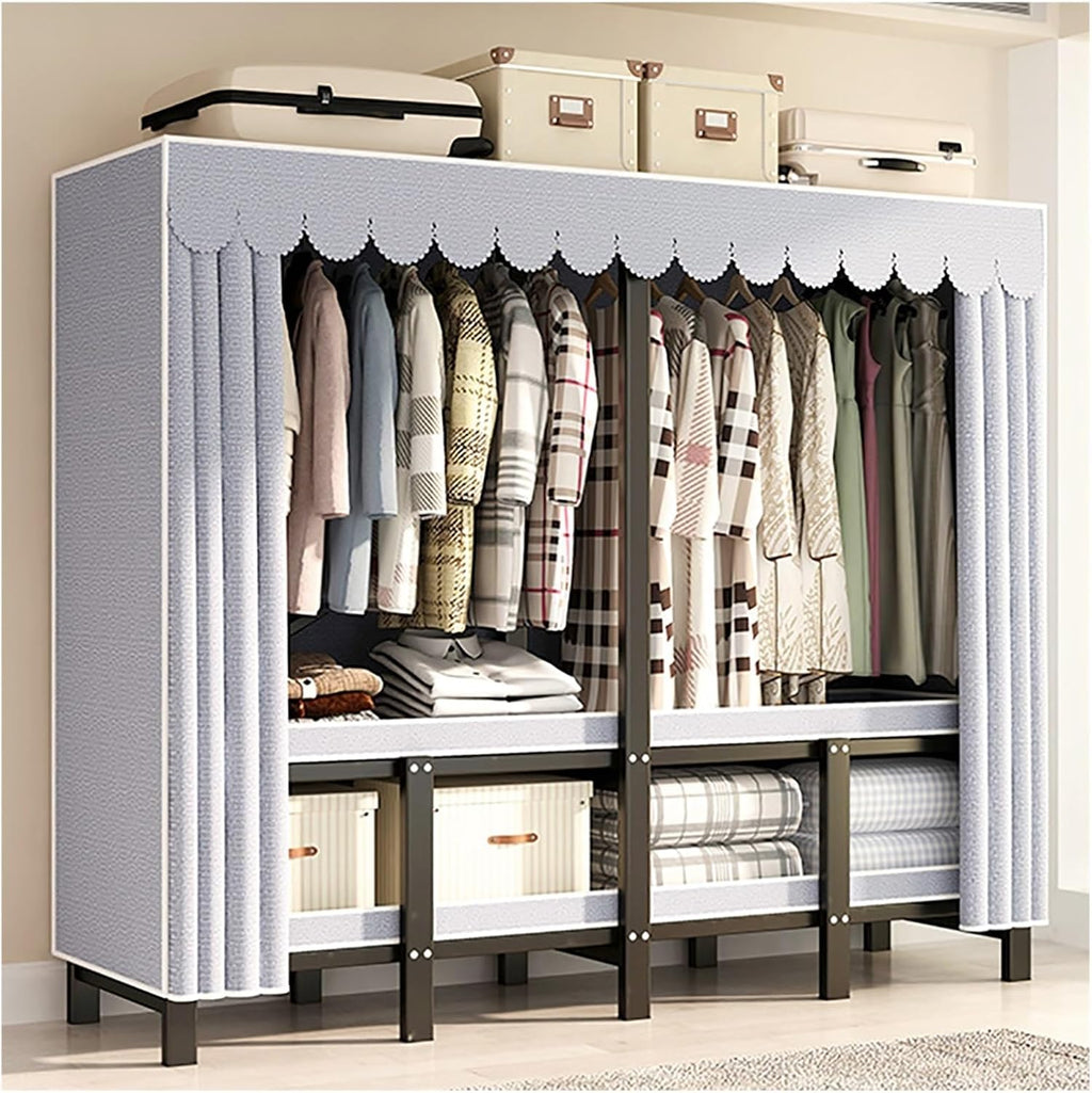 Foldable Wardrobe Closet With Cover, Garment Rack For Hanging Clothes, Clothing Rack For Hanging Rods, Portable Metal Clothe Rack, For Bedroom, Dorm(Blue,130cm/51.2inch)