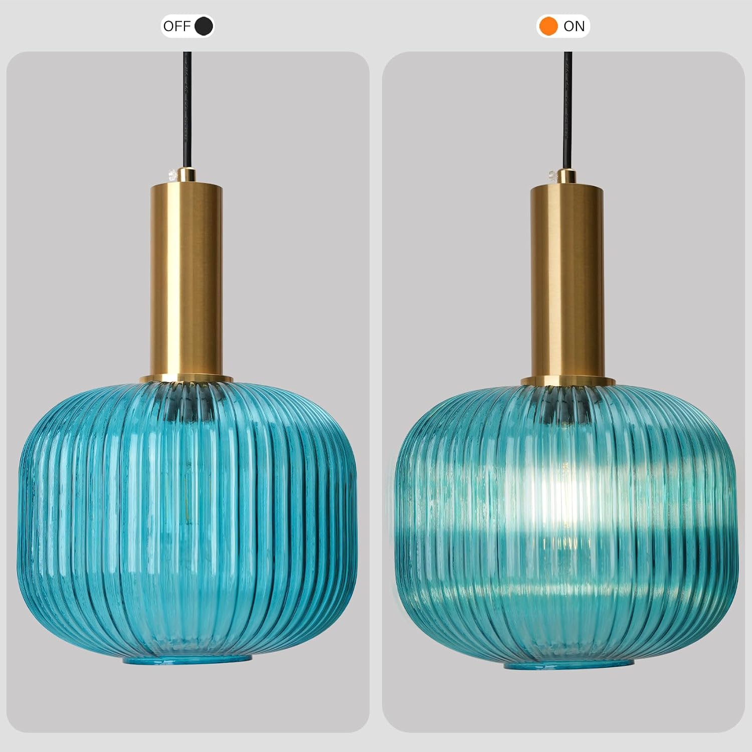 2 Pack Blue Hanging Lamp Plug in Ceiling Light with Cord Modern Coastal Pendant Lighting Fixture Striped Glass Hanging Pendant Lights for Living Room Bedroom Beach House Kitchen Gold