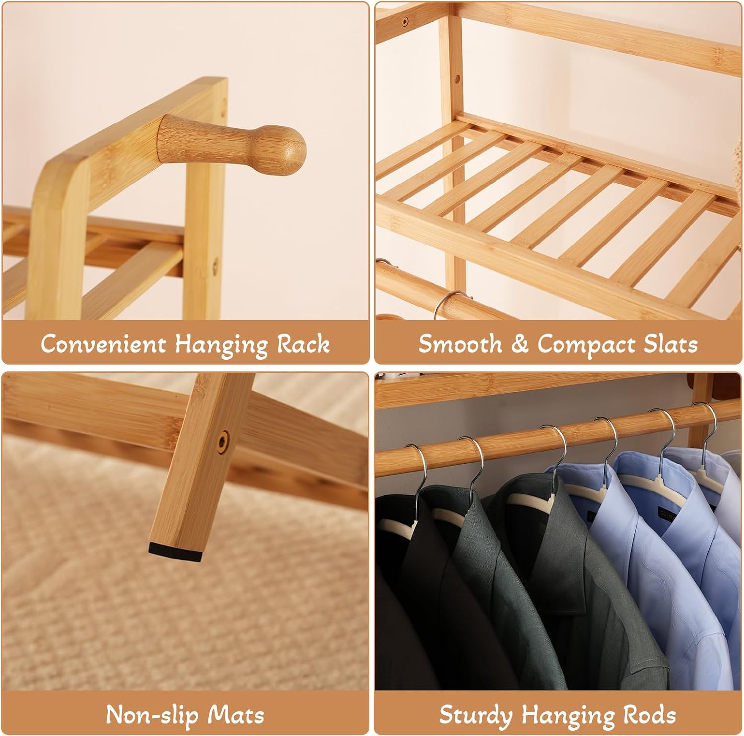 Baveke Bamboo Garment Rack 9 Tier Storage Shelf Coat Clothes Hanging Rack, Portable Wardrobe Closet Organizer With Top Shelf, Shoe Storage Shelves for Bedroom, Natural, FSC-Certified Bamboo