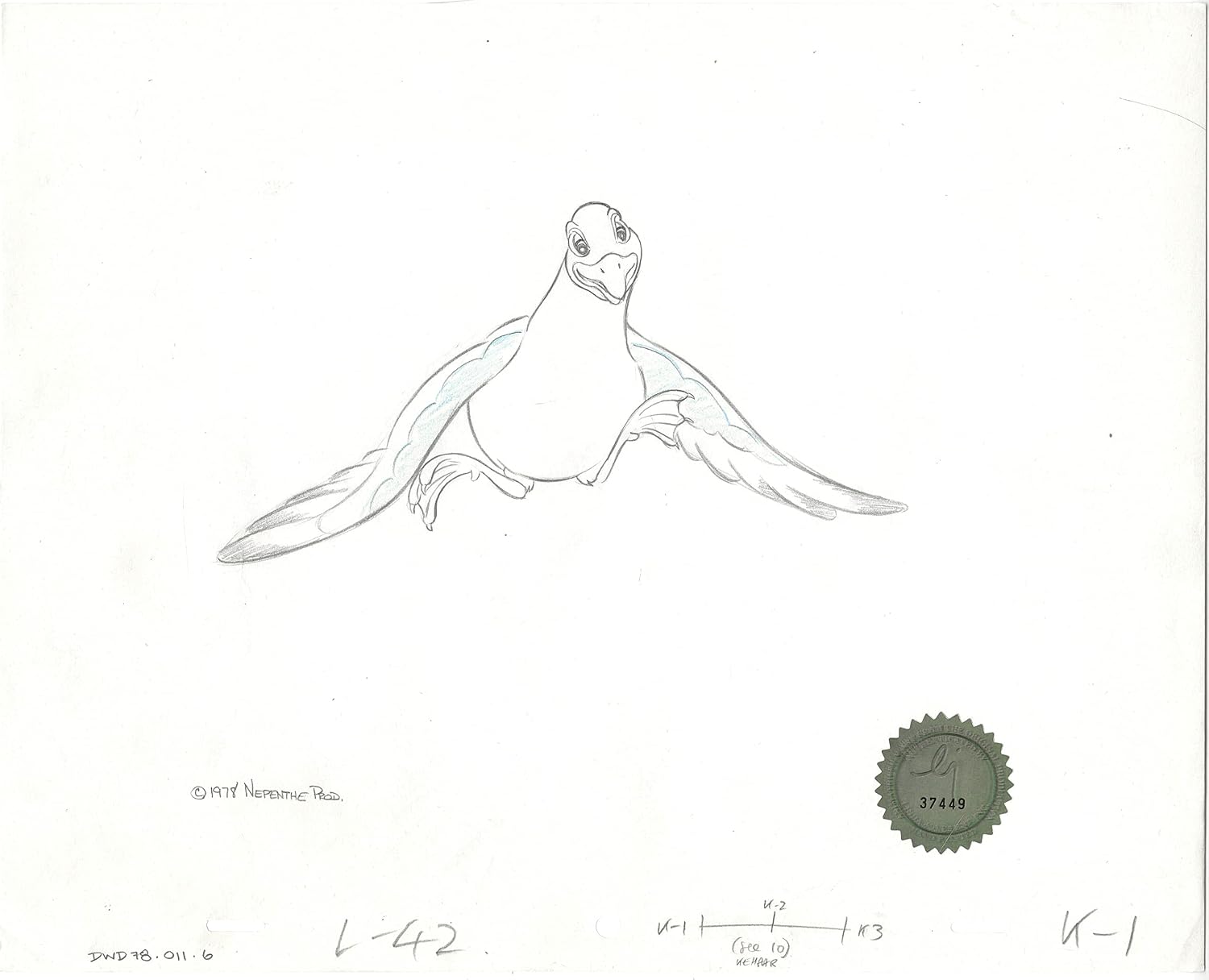Watership Down 1978 Production Animation Cel Drawing of Kehaar with Linda Jones Seal and Certificate of Authenticity 011-006