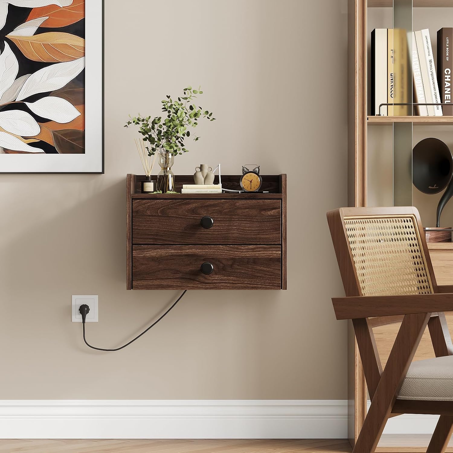 Floating Nightstand Set of 2 with 2 Storage Drawers and Charging Station Wood Wall Mounted Bedside End Table Modern Night Stands Set 2 for Bedroom,Small Space,Brown Walnut