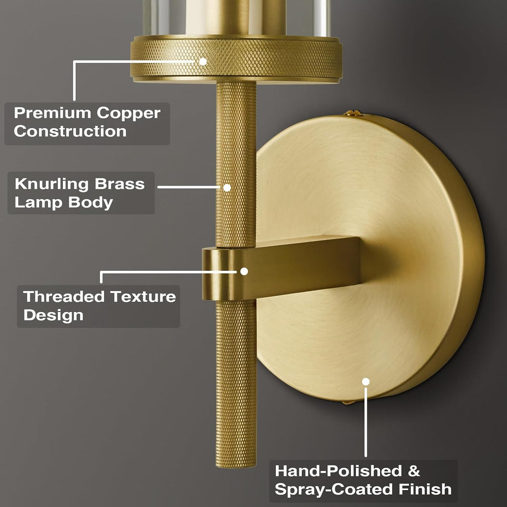 Gold Wall Sconces Set of Two, 19.48' Knurled Gold Wall Lighting with Glass Tube, Modern Brass Sconces Wall Lamp for Bedroom Living Room Bathroom Hallway Staircase & Vanity Mirror(Including Bulb)