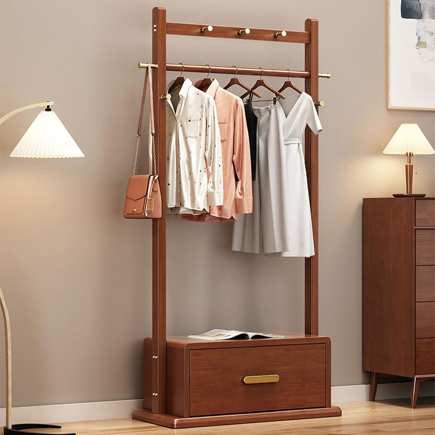 Free Standing Garment Rack Coat Stand with Storage Cabinet, Bamboo Clothes Rail Rack, Portable Open Wardrobe for Hanging Clothes