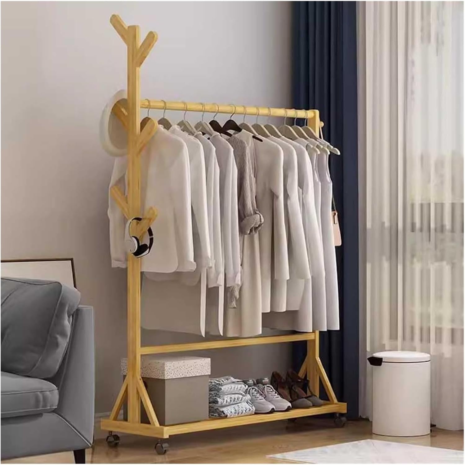 Clothes Rail Garment Rack Bamboo Coat Rack,Freestanding Home Drying Rack Floor Hanging Clothes Rack Hat Handbag Hanger Hall