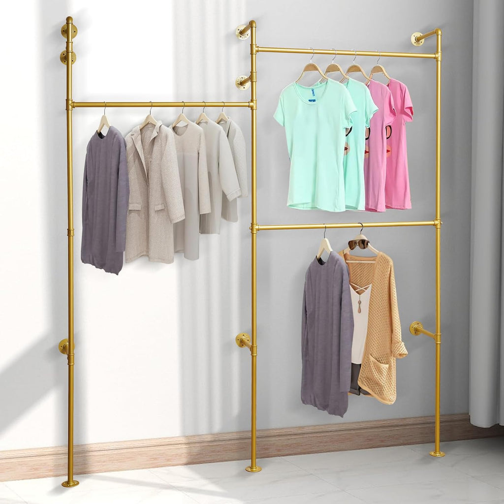 Wall Mounted Clothes Rack, Portable Vintage Rolling Coat Rack Heavy Duty Iron Pipe Garment Hanger Rustic Metal Garment Frame Industrial Pipe Clothing Display Rack for Living Room Bedroom (Gold)