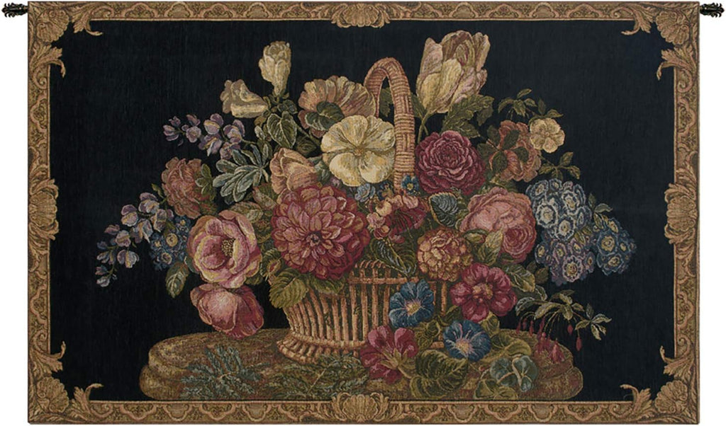 Charlotte Home Furnishings Italian Tapestry Wall Hanging 26x 40 in Flower Basket Black Wall Art Floral Tapestry for Bedroom Aesthetic Living Room and Home Decor European Soft Cotton Jacquard Woven